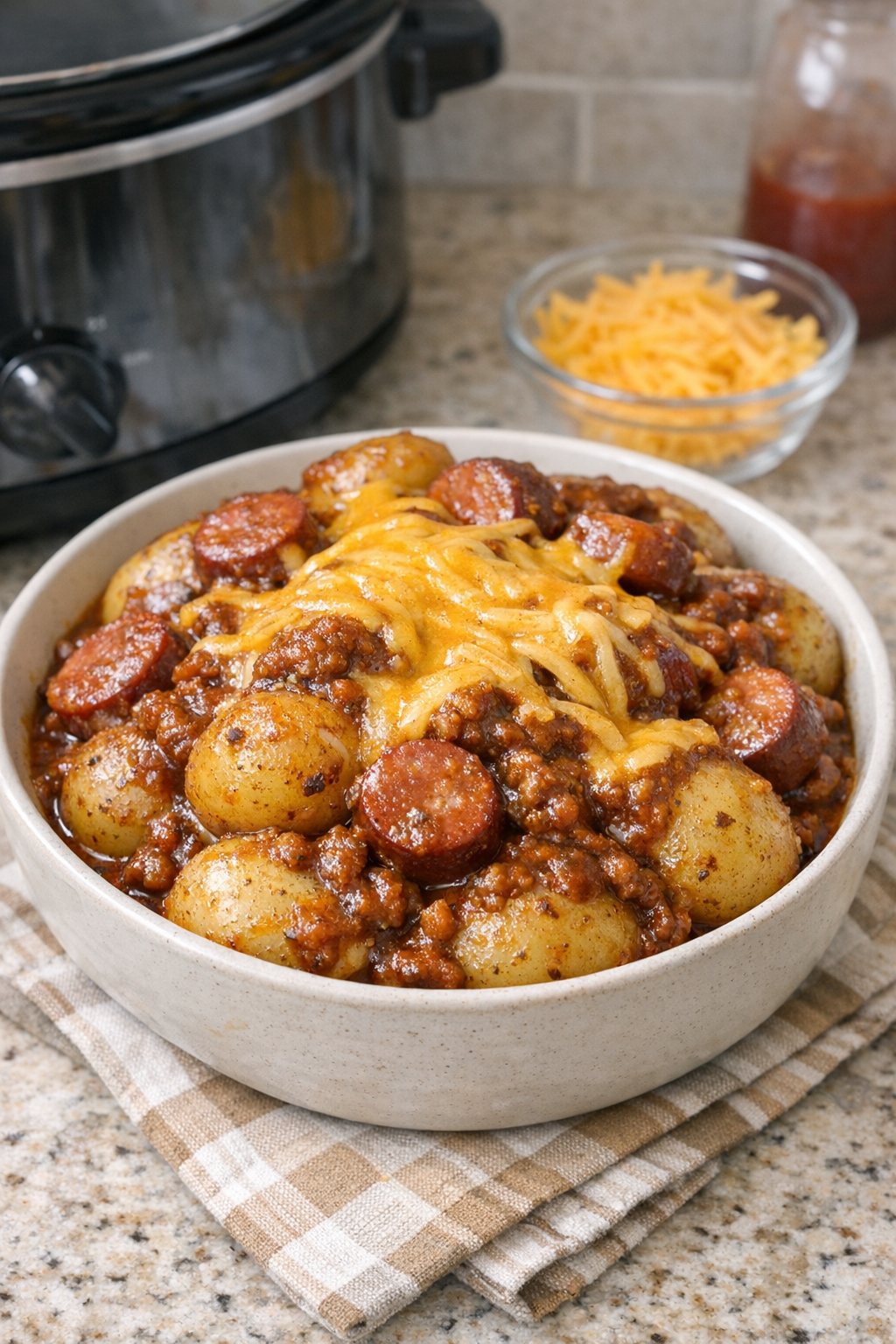 Finished chili dog potatoes in a serving bowl