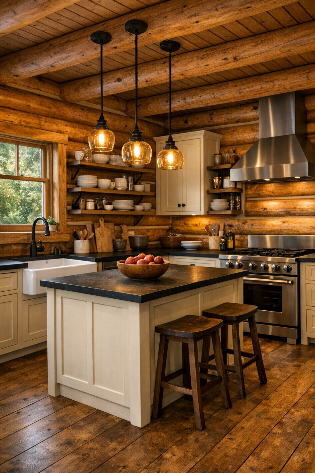 Kitchen with cream cabinetry, dark counters, apron-front sink, and a central island in a warm log home