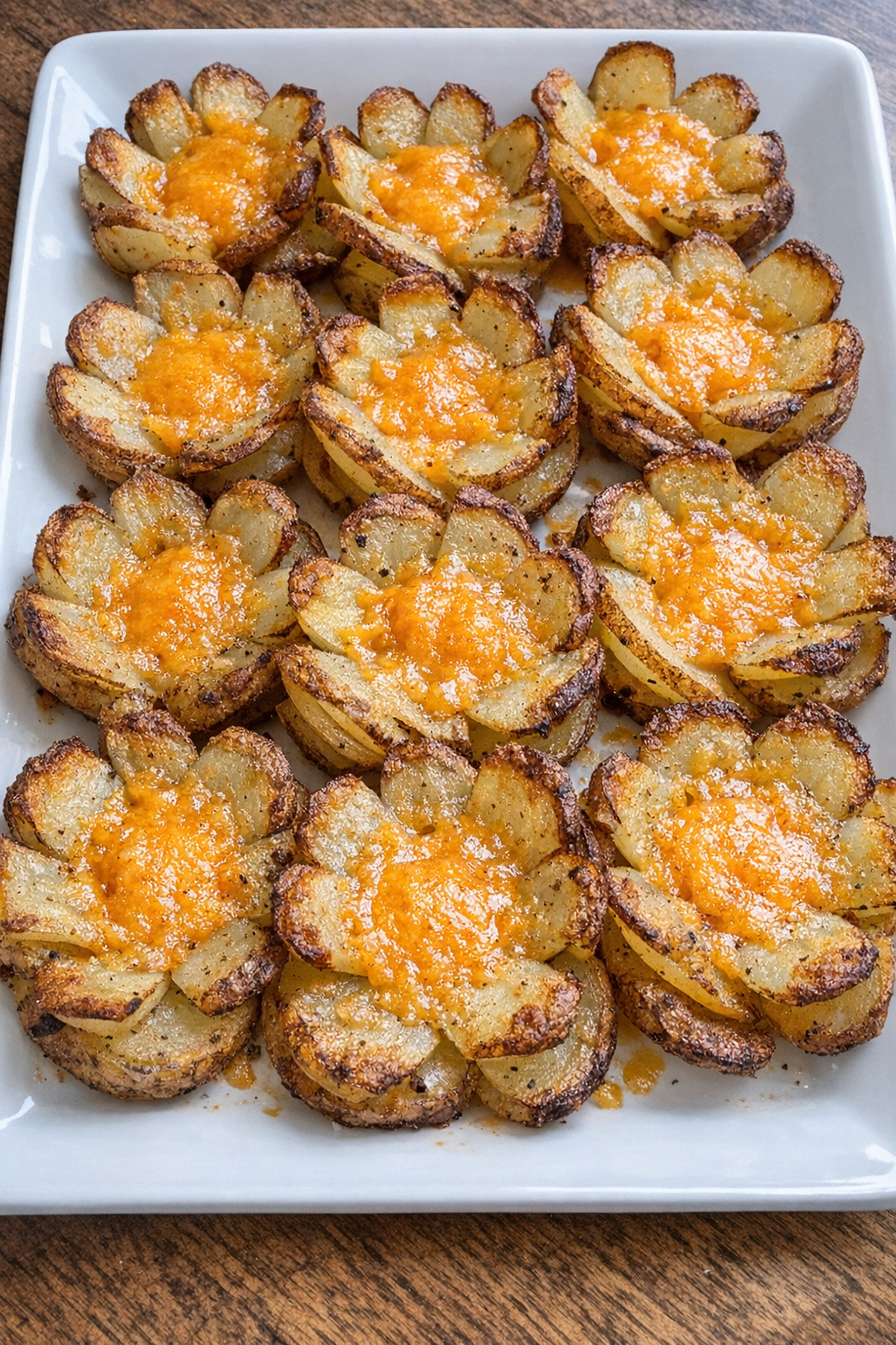 Golden cheesy potato blossoms on a white platter