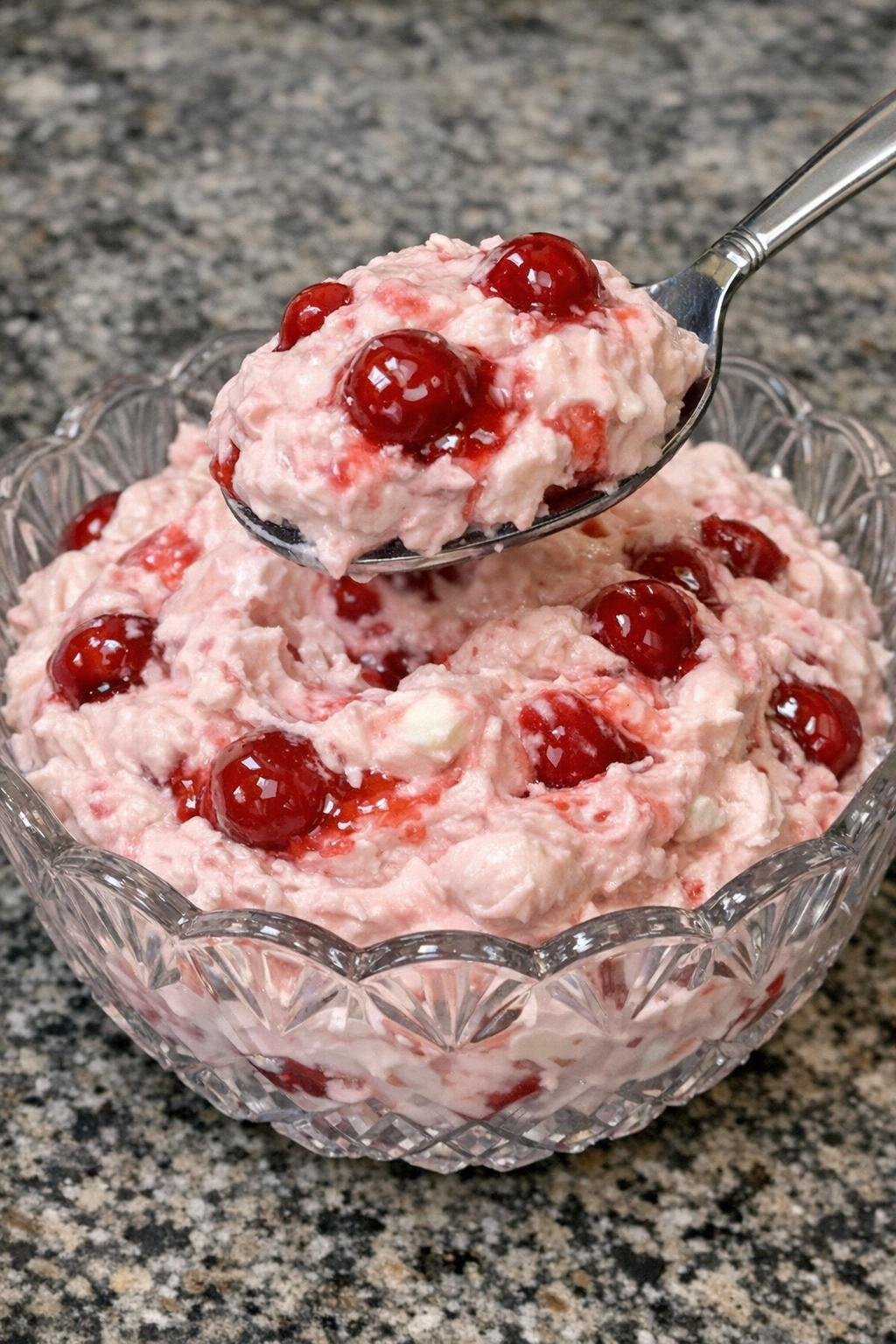 Cherry cheesecake fluff in a crystal bowl