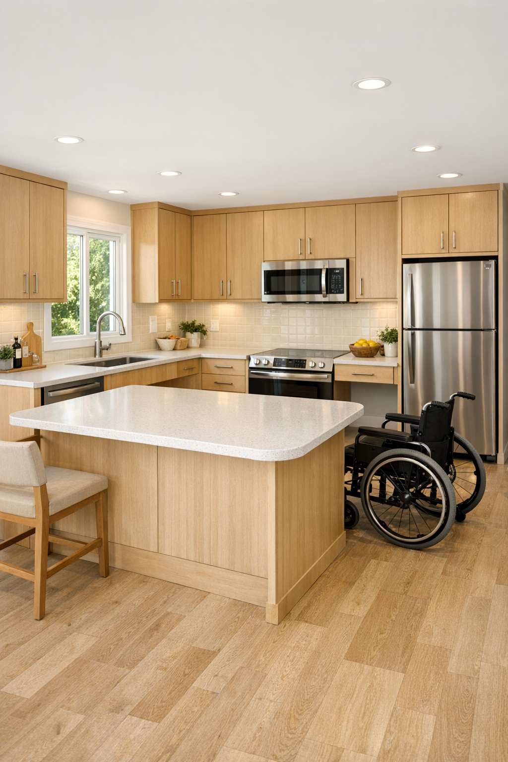 Accessible kitchen with almond cabinetry and pale quartz island