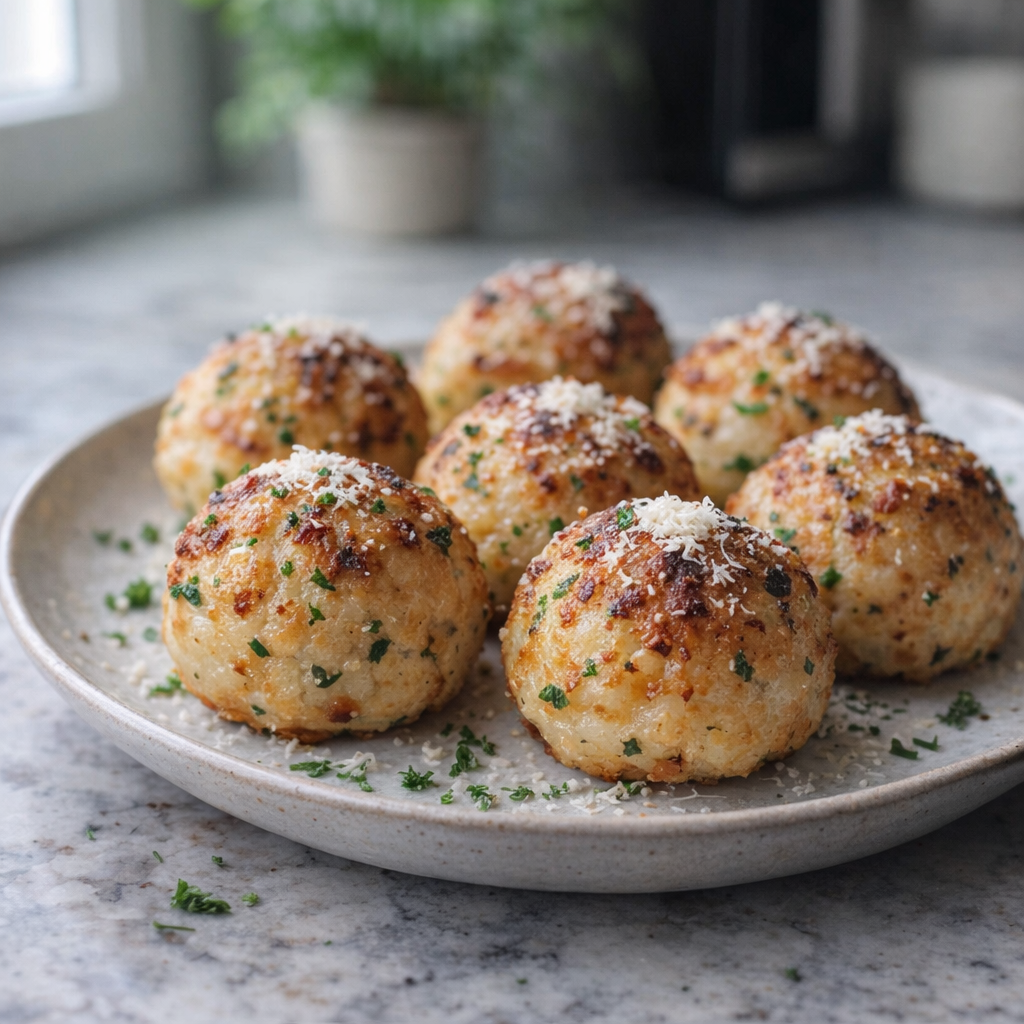 Freshly baked potato balls on a small serving plate