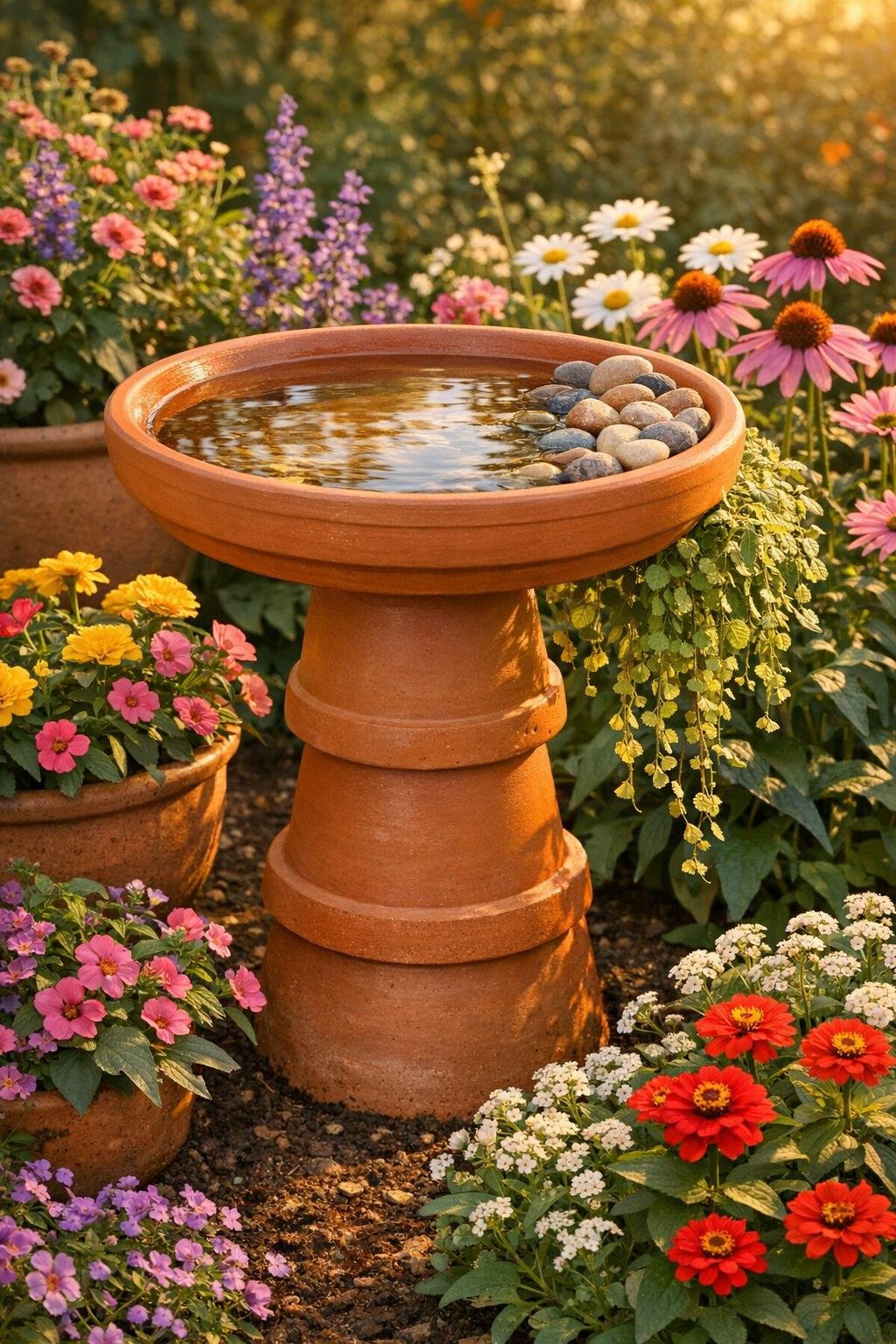 Finished terracotta stacked birdbath styled in a charming garden