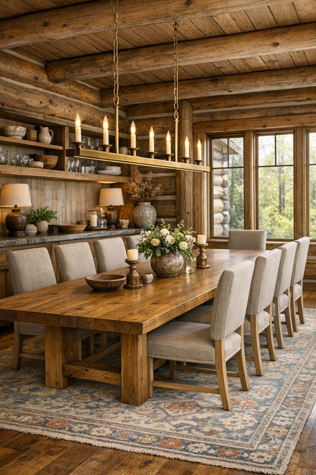 Dining room with solid oak table, flax upholstered chairs, and aged brass chandelier