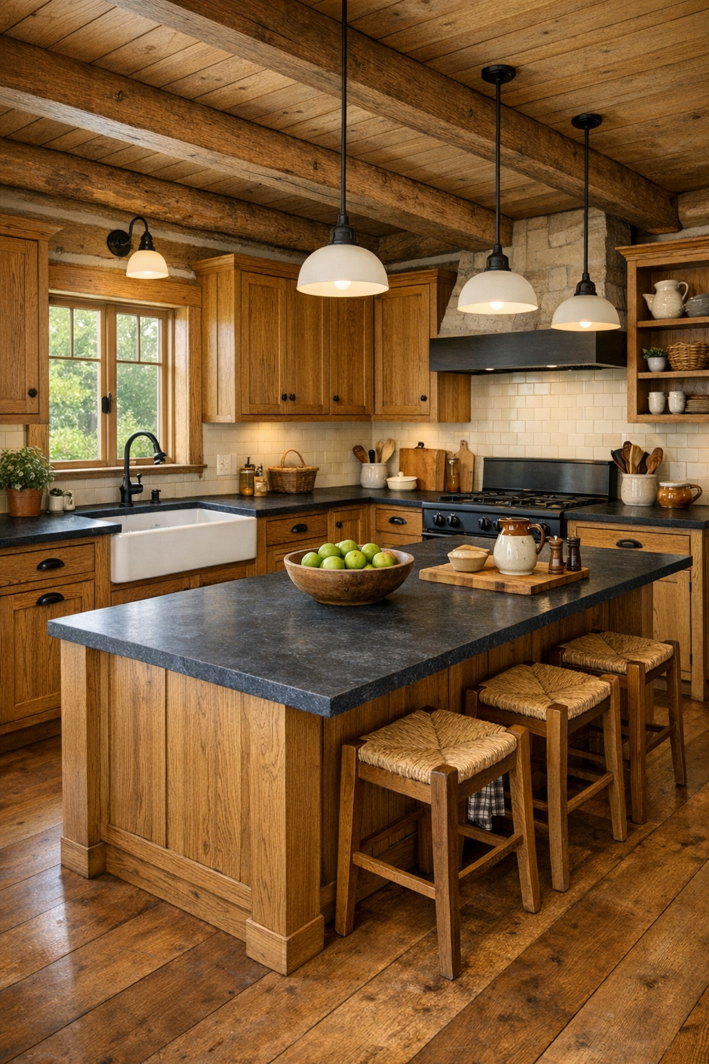 Country kitchen with Amish-made oak cabinets, soapstone counters, and a large central island