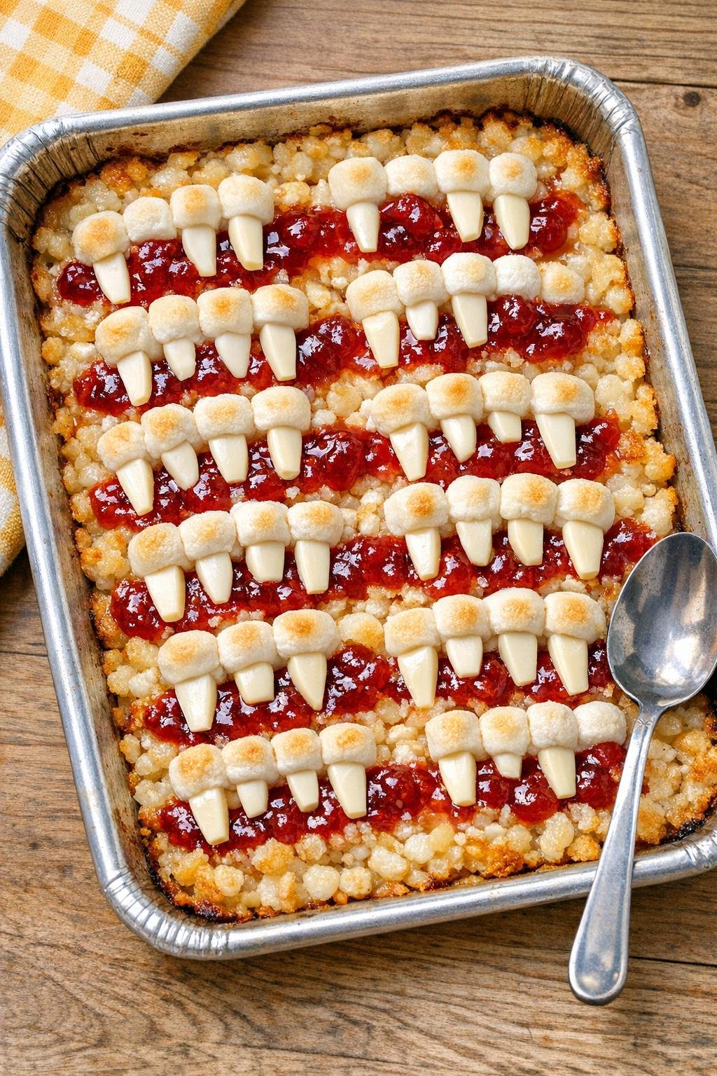 Finished baked monster teeth dessert in a sheet pan