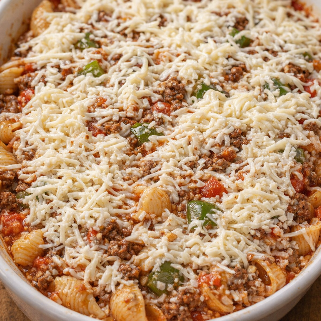 Mozzarella-topped casserole just before finishing in the oven