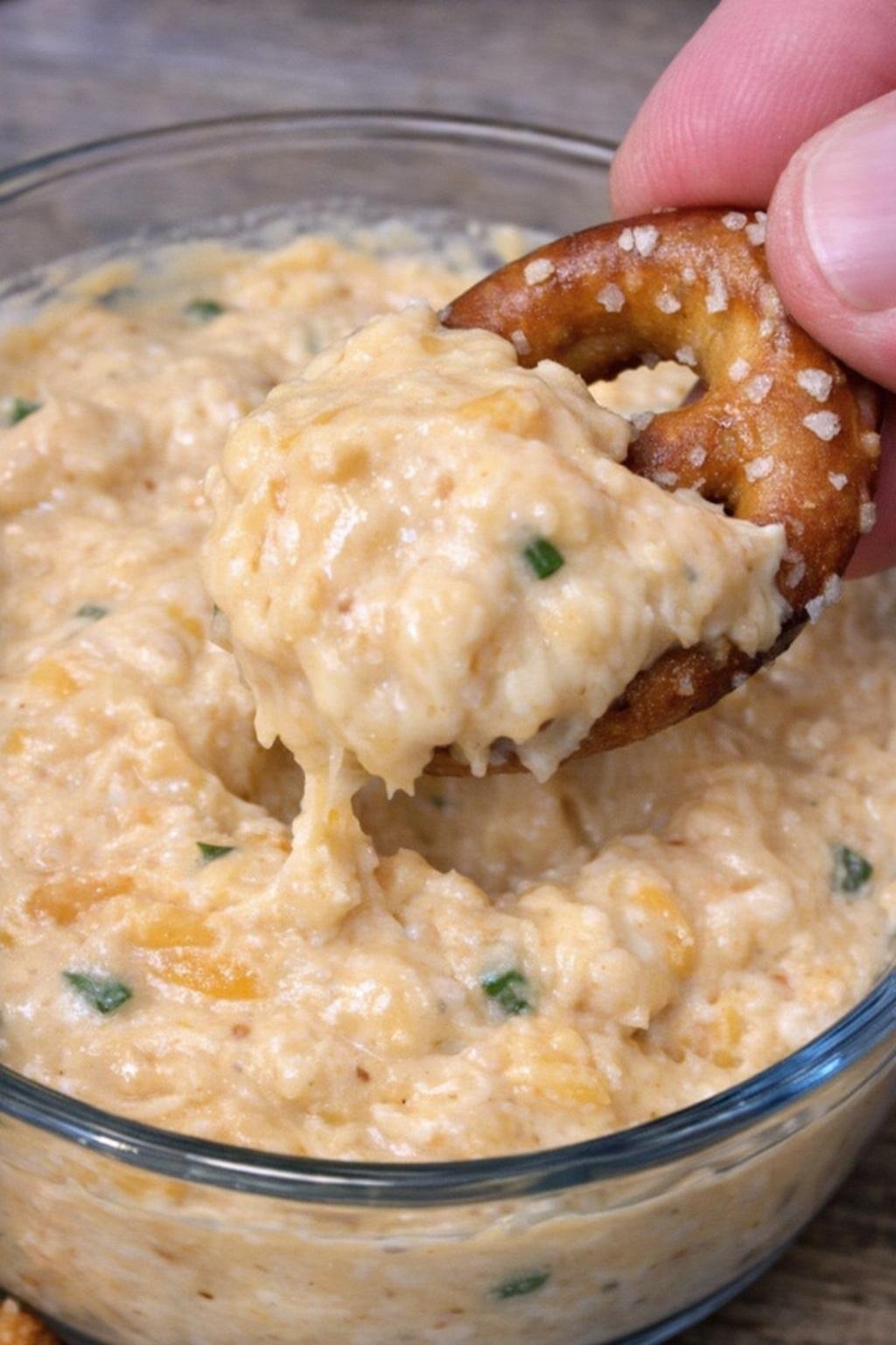 Beer Chadwick dip in a glass bowl with a pretzel scoop
