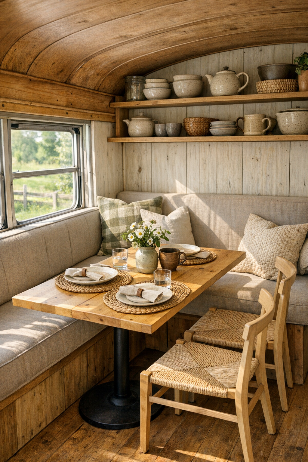 Compact dining nook inside the bus with banquette seating and a wooden table