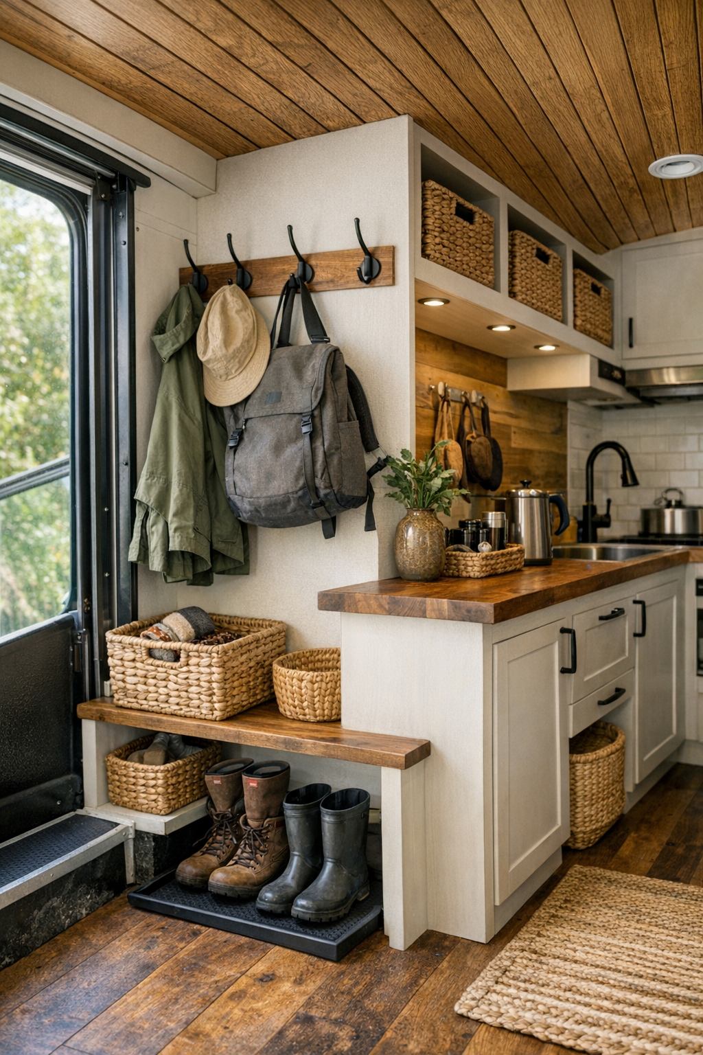 Functional bus entry and storage area with hooks, baskets, and built-in organization