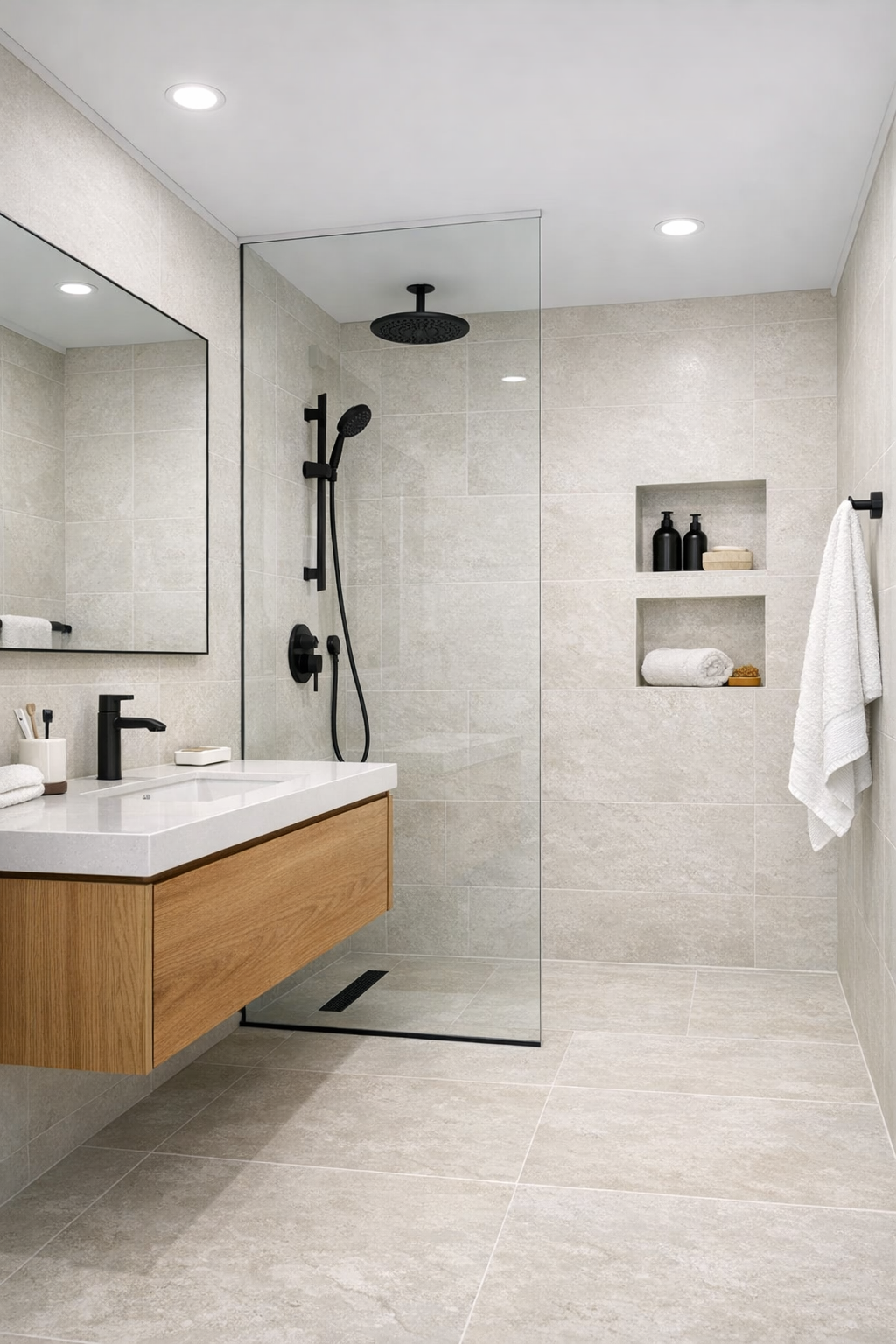 Bathroom with a curbless shower, pale limestone-look tile, and floating oak vanity