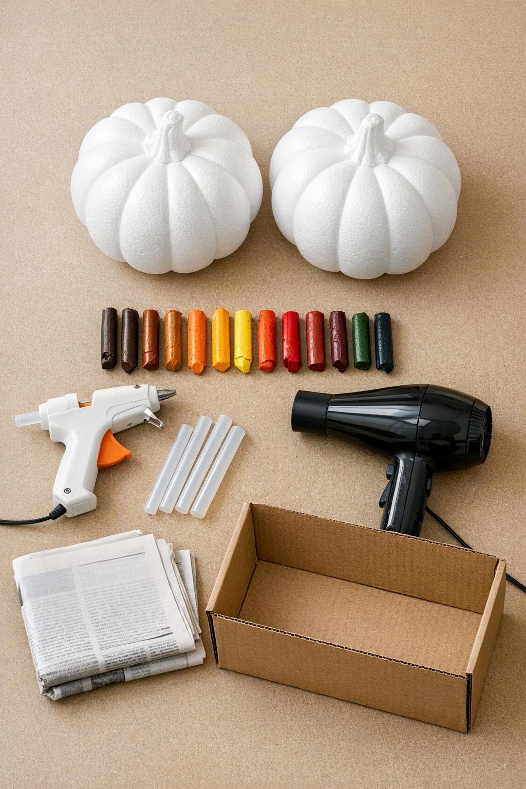 Materials for making crayon drip pumpkins laid out on a table