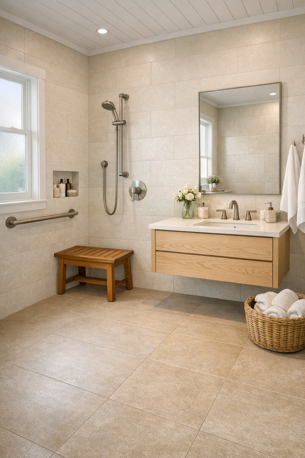Bathroom with a curbless shower, pale oak vanity, and warm sand-toned tile