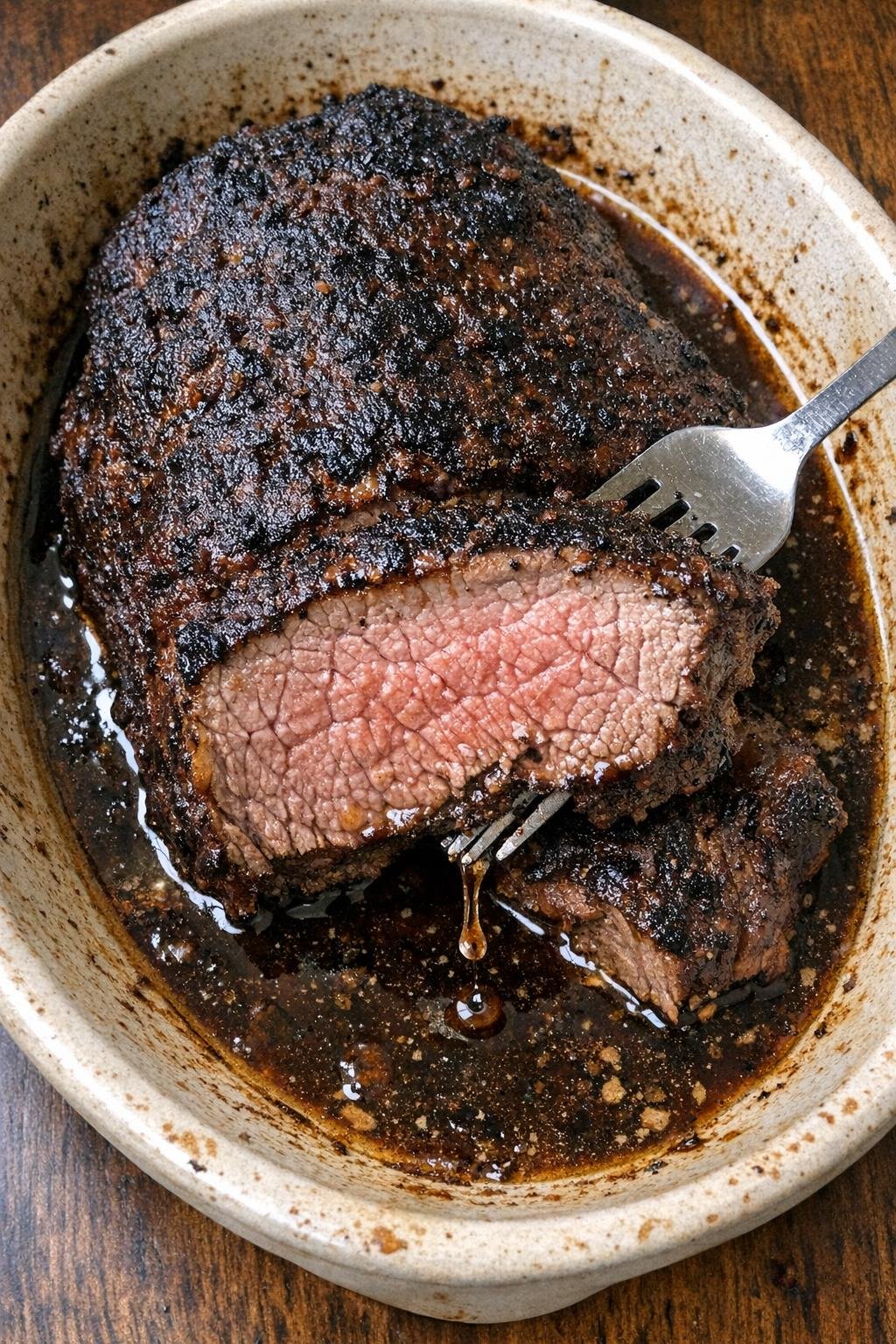Dark crusted beef roast in an oval stoneware dish