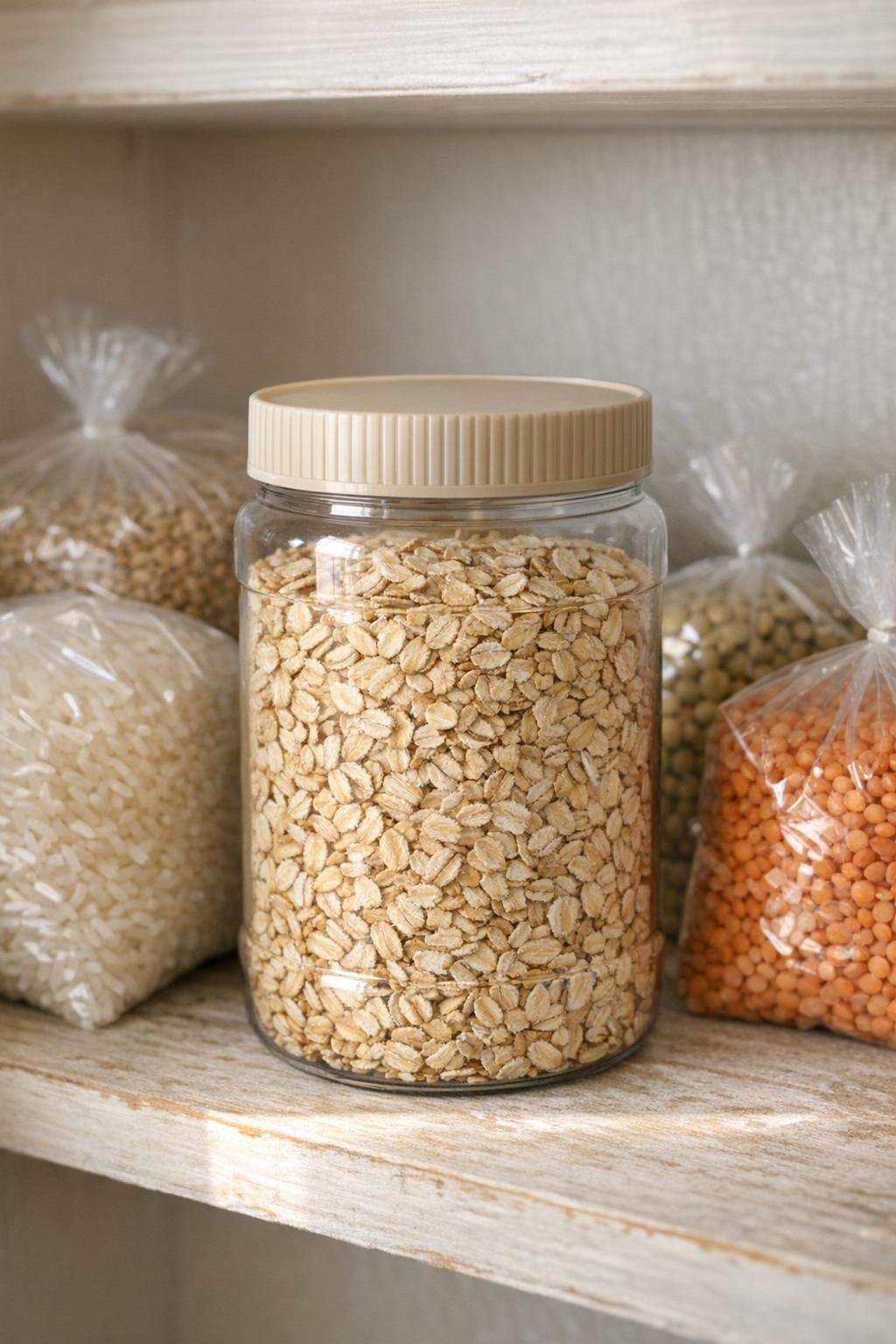 Plastic peanut butter jar reused for pantry dry goods