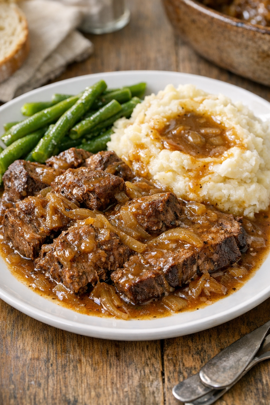 Finished Amish beef and onion soup bake plated with rich gravy