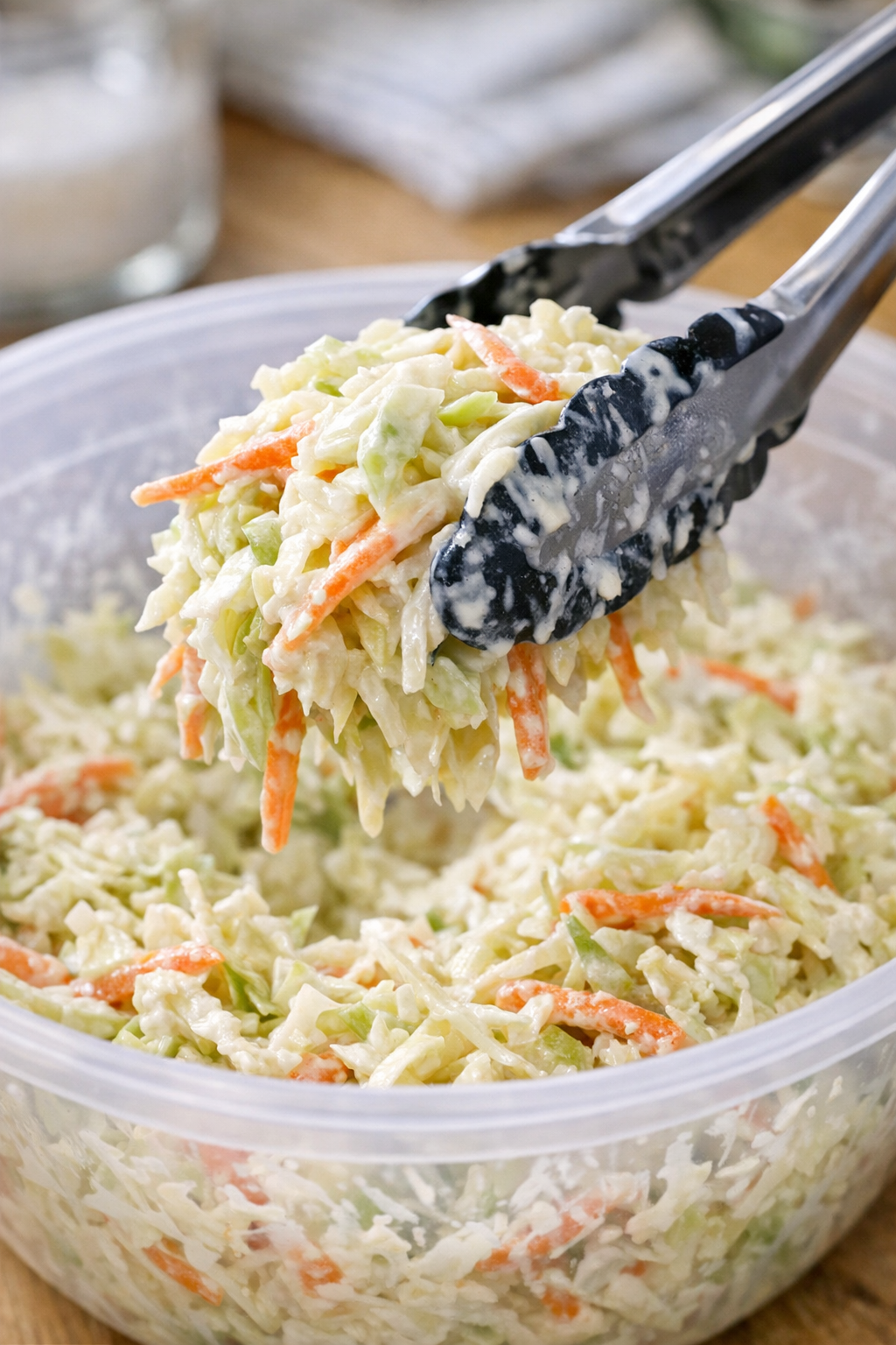 Coleslaw mix being tossed with creamy dressing