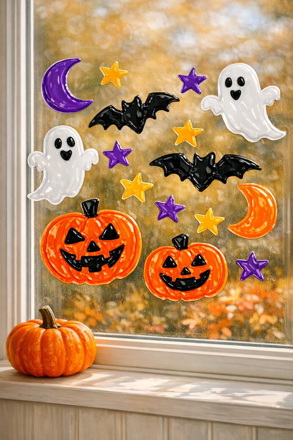 Finished Halloween window clings displayed on a window
