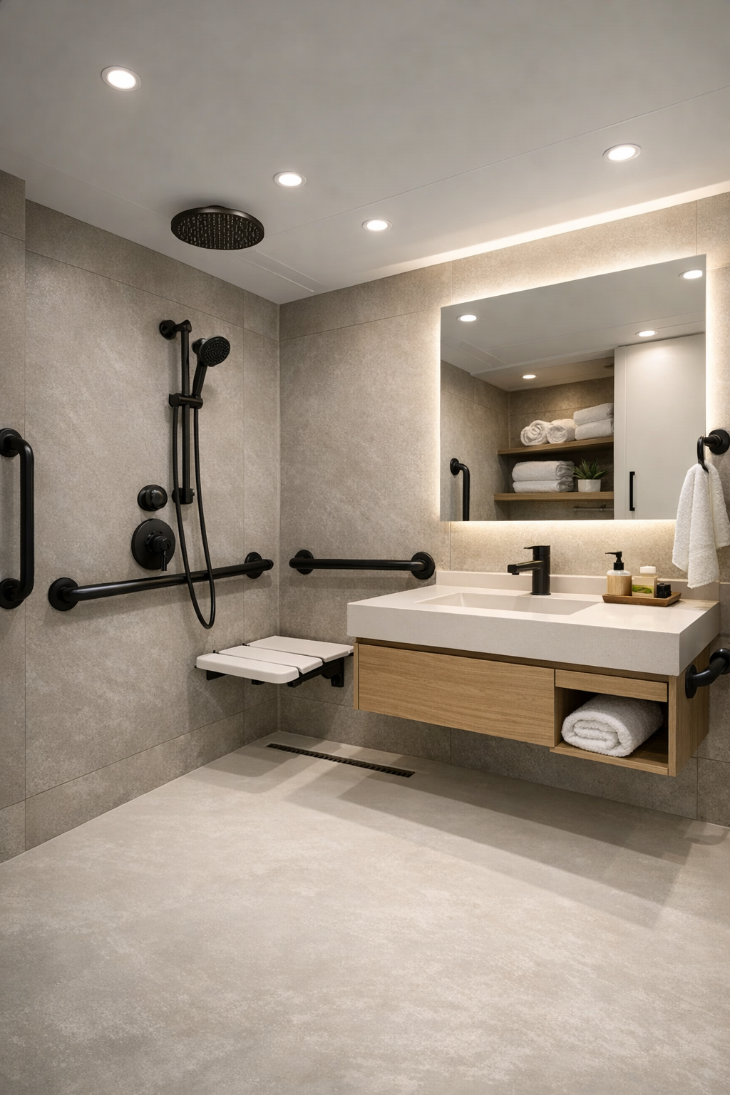 Accessible RV bathroom with curbless shower, floating vanity, and warm gray wall panels