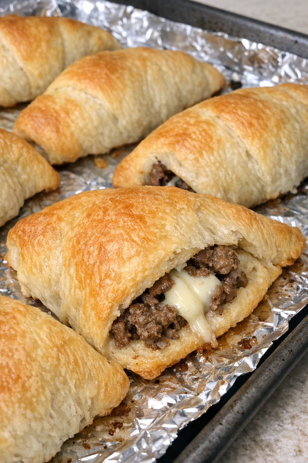 Oven baked beef crescent turnovers on a foil-lined baking sheet
