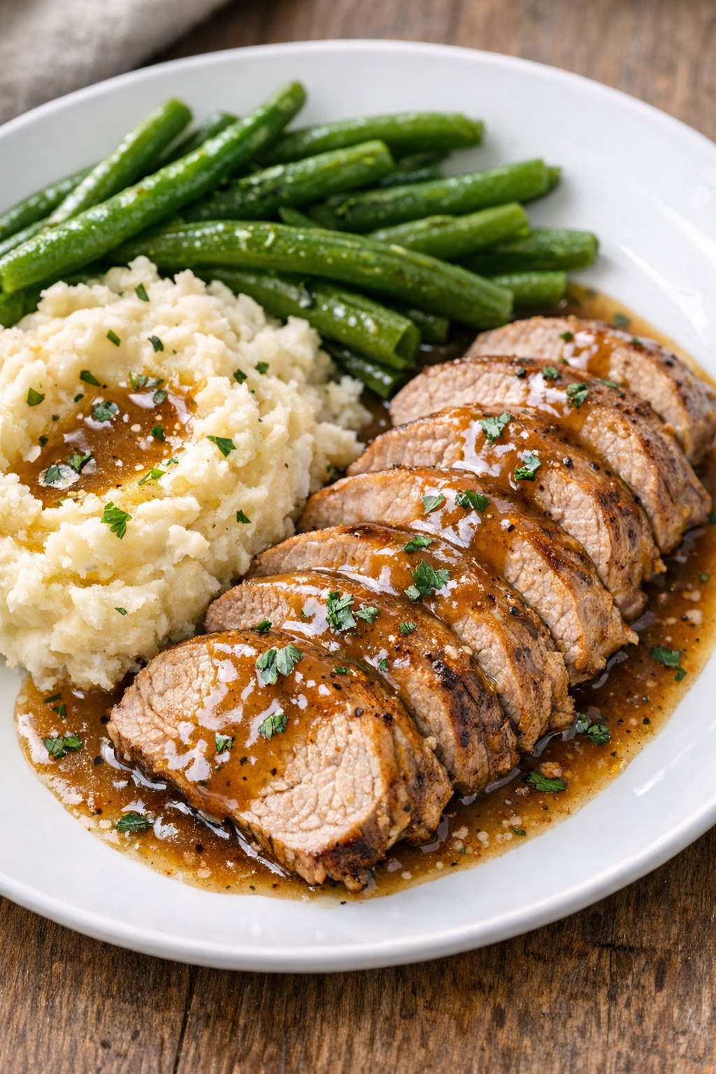 Sliced pork tenderloin plated with gravy and simple sides