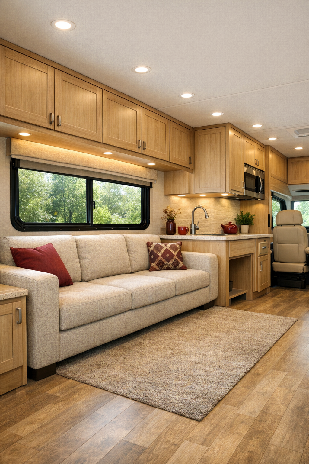 Accessible RV camper living room with oatmeal sofa, pale oak cabinetry, and warm layered lighting