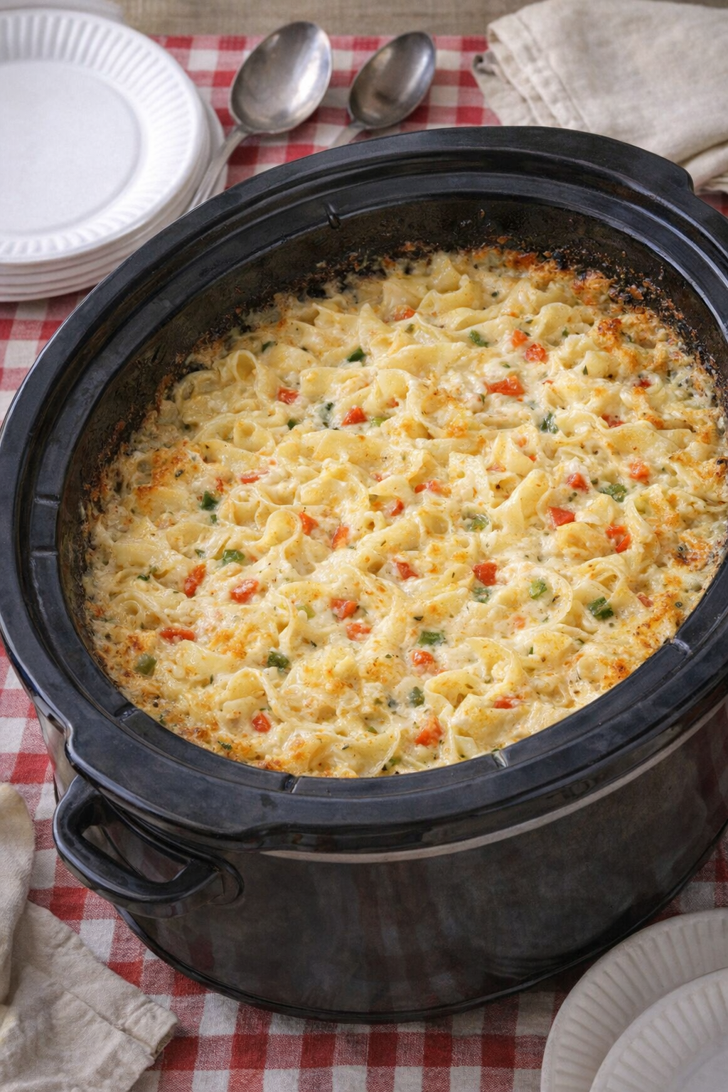Slow cooker noodle bake on a potluck table