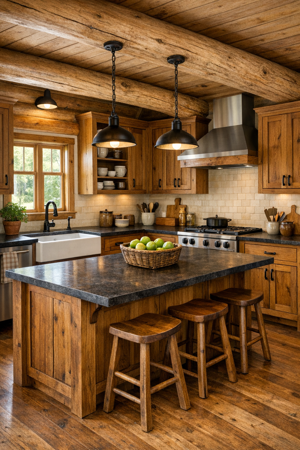 Amish-inspired log home kitchen with wood cabinetry, dark counters, and farmhouse sink