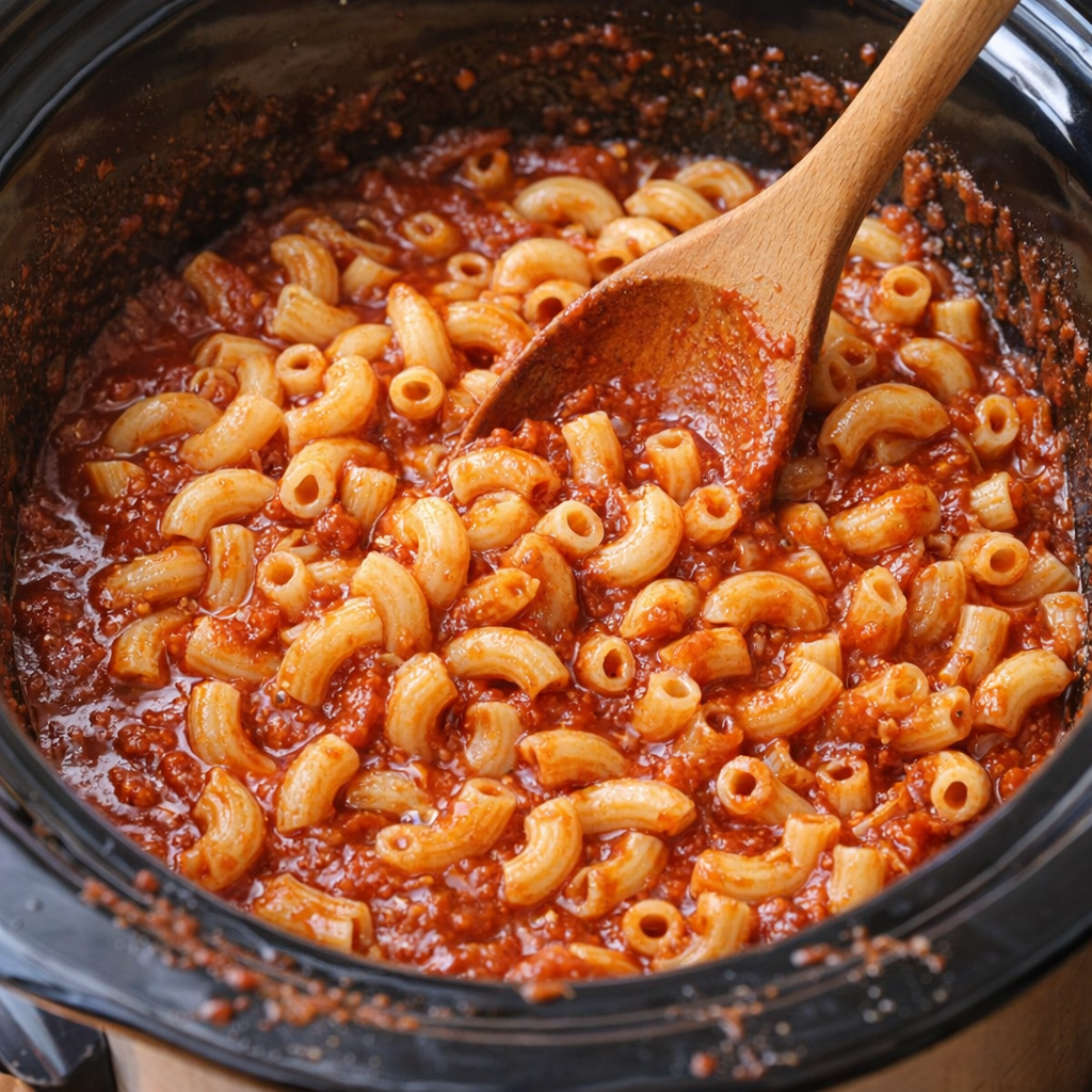 Macaroni being stirred into tomato sauce in a slow cooker