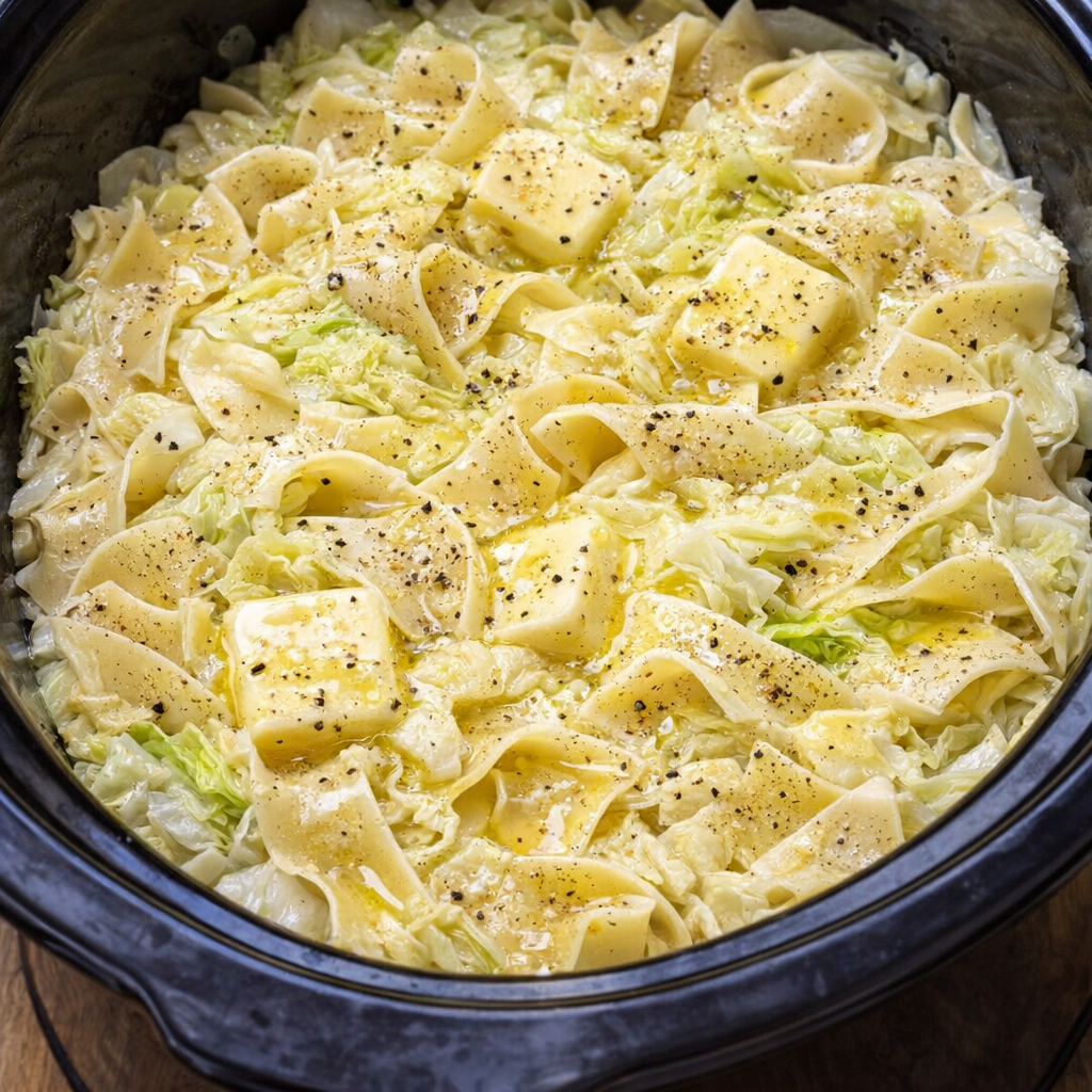 Layered cabbage and noodles ready to cook