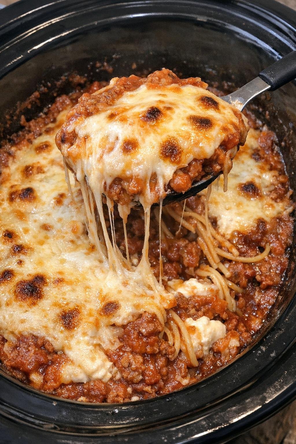 Cheesy layered spaghetti in a slow cooker