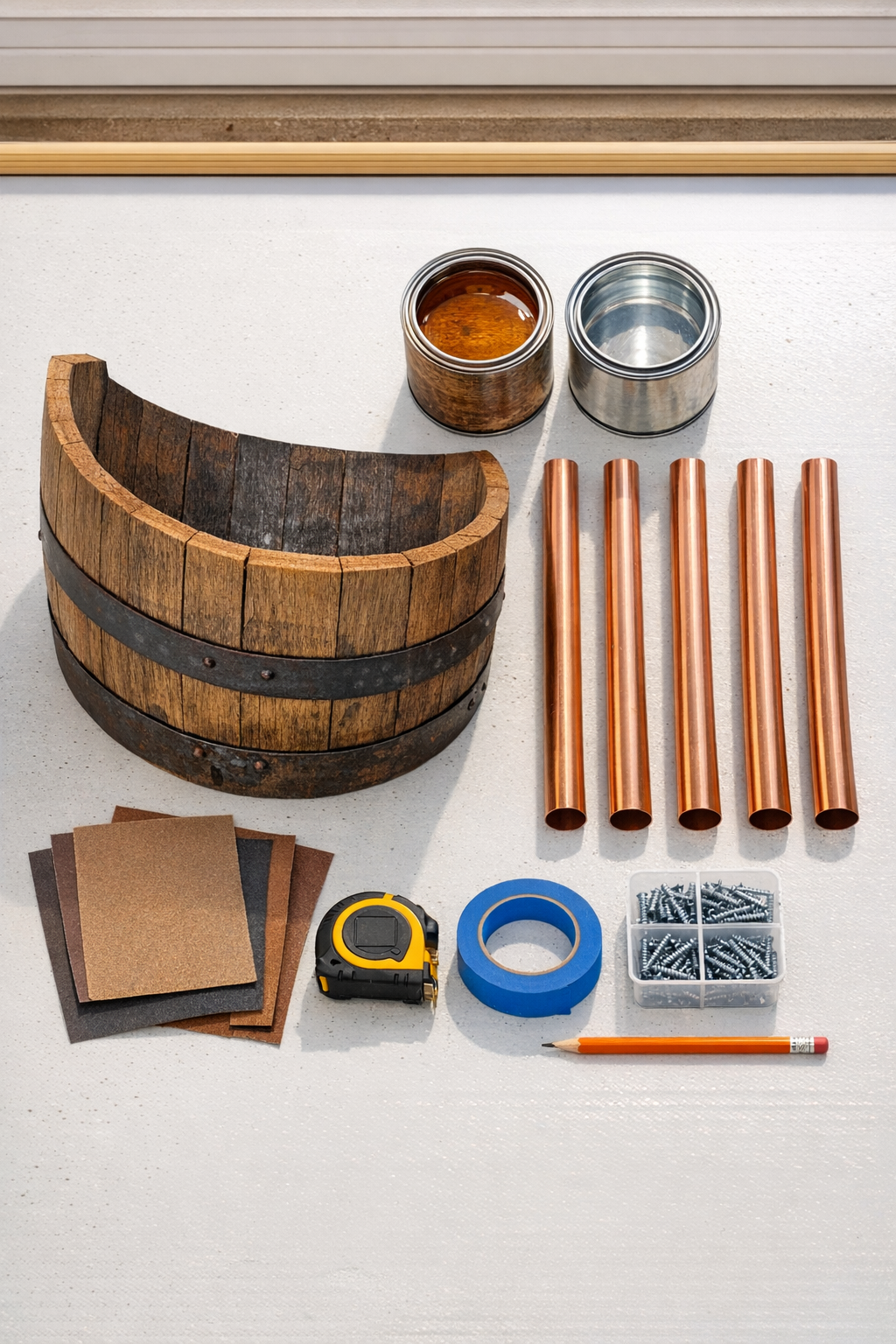 Materials for a poolside towel valet laid out on a work surface