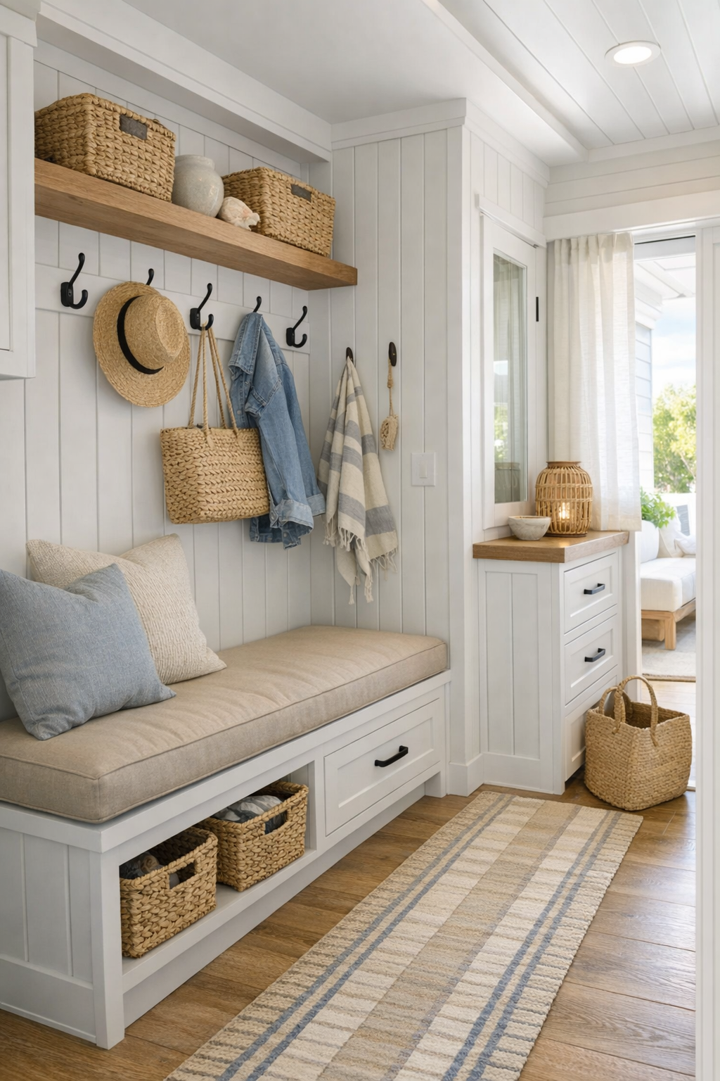 Thoughtful small-space storage and transition area with coastal details