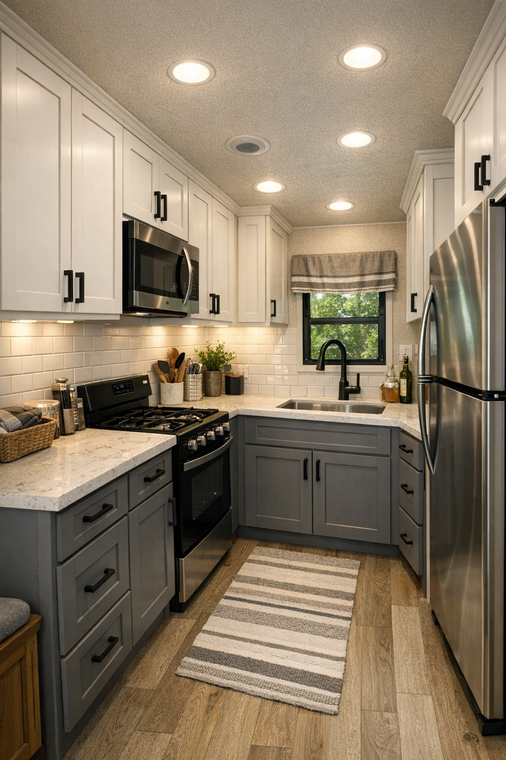 Compact craftsman kitchen with shaker cabinets and quartz counters