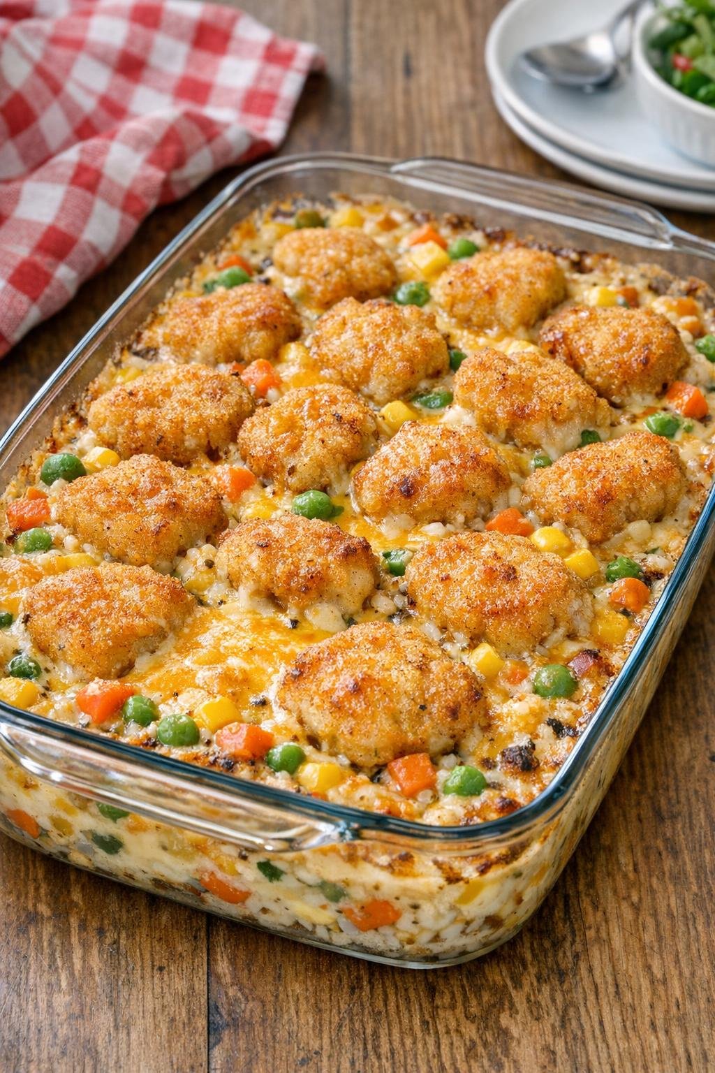 Baked chicken nugget casserole in a glass dish