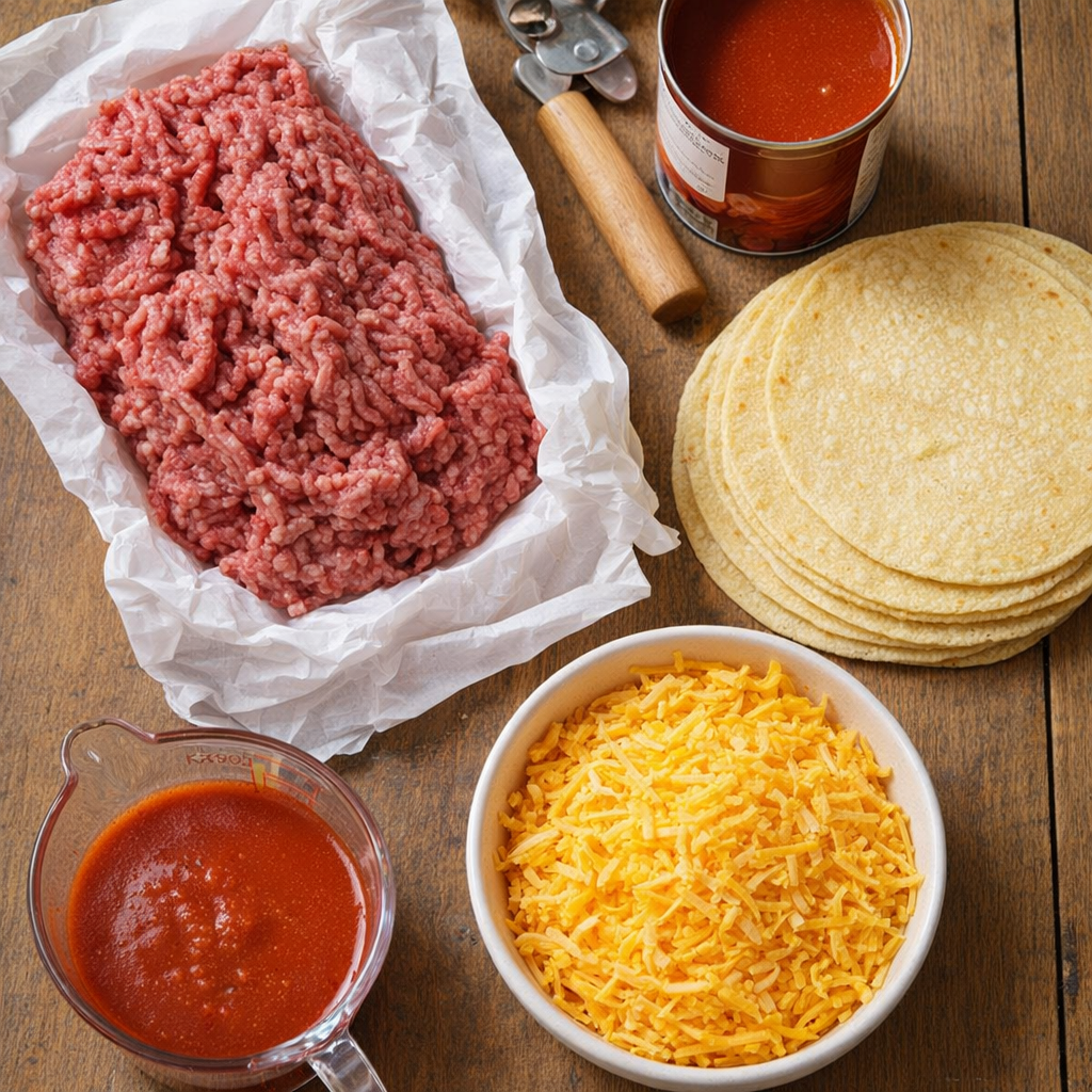 Four simple casserole ingredients arranged on a kitchen table