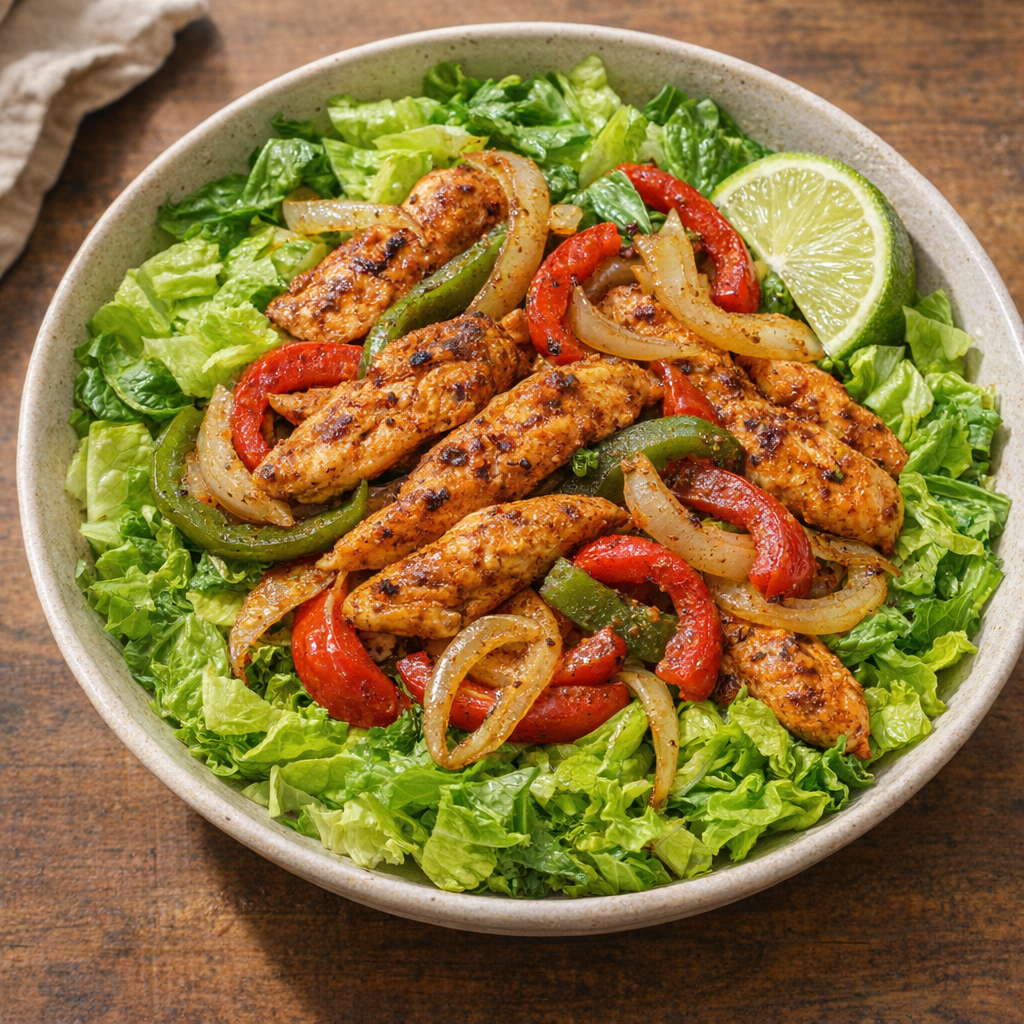Warm chicken fajita salad in a bowl