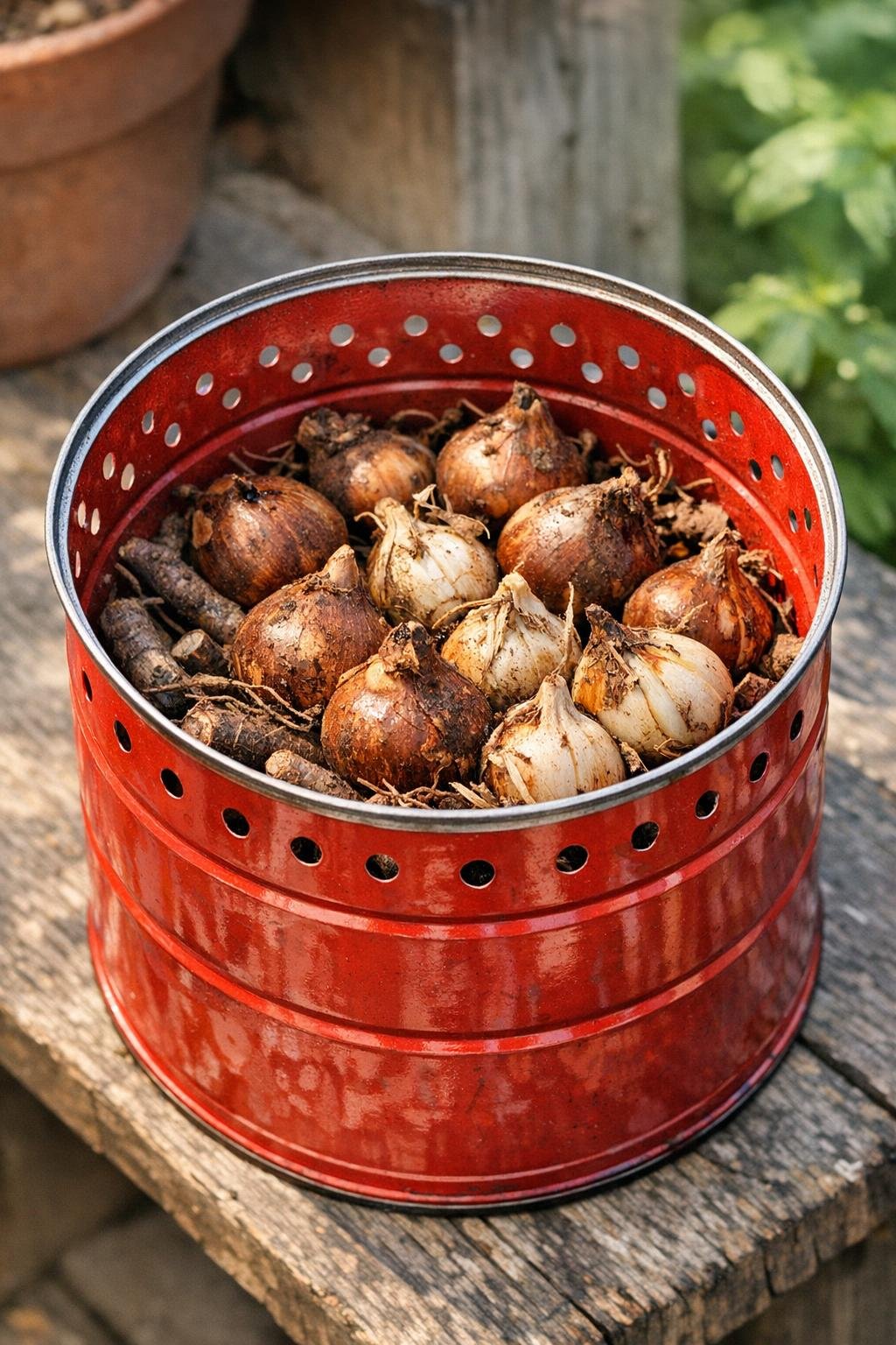 Finished bulb curing container made from a red metal coffee can