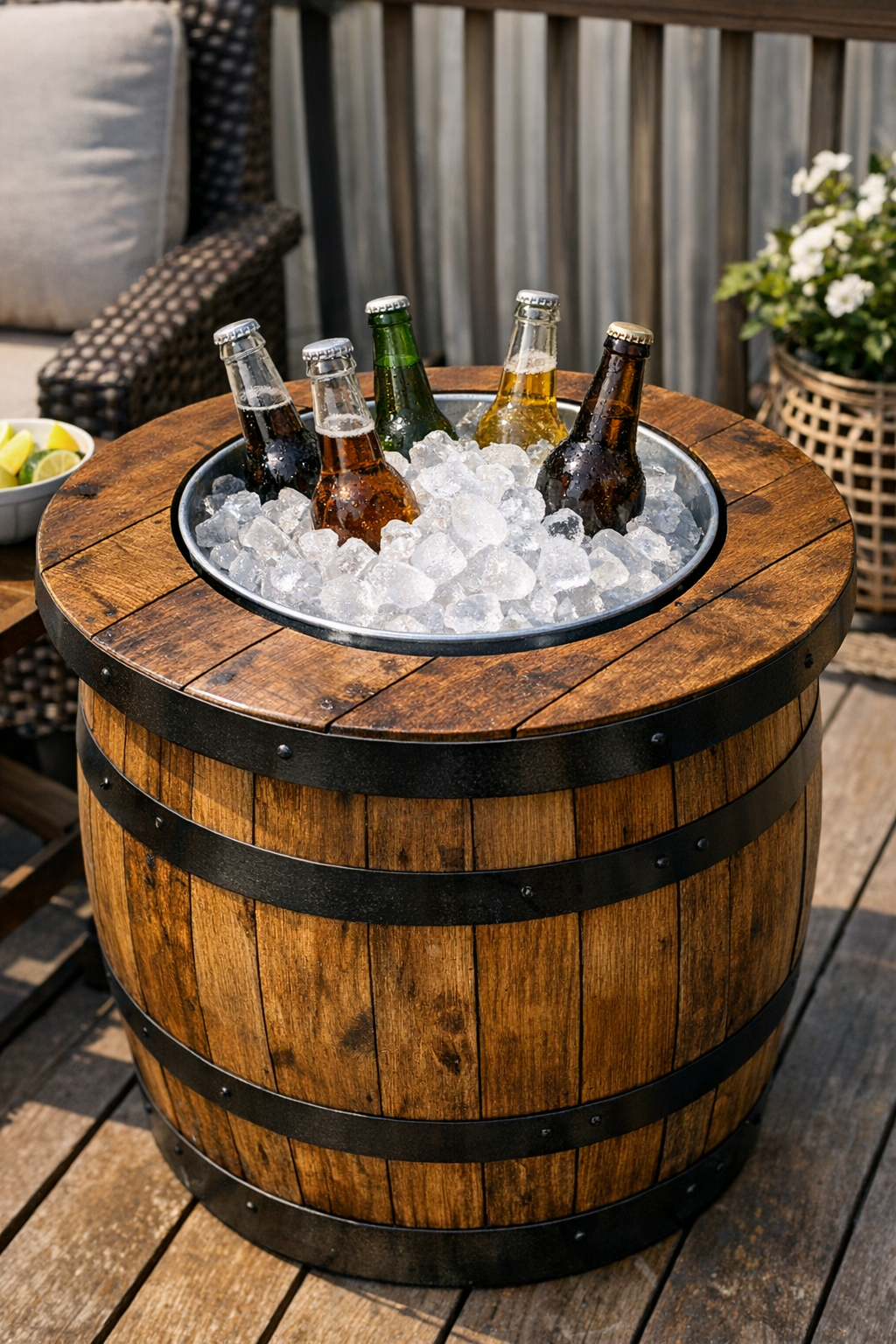 Finished outdoor wine barrel ice bucket table on a deck