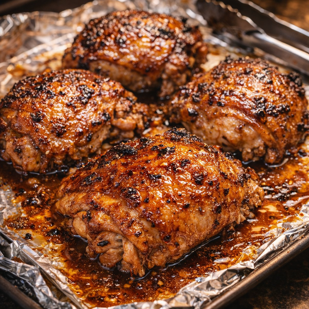 Broiled chicken with sticky caramelized edges on a baking sheet