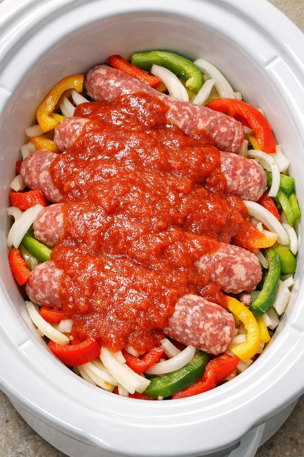 Pasta sauce poured over sausage and vegetables