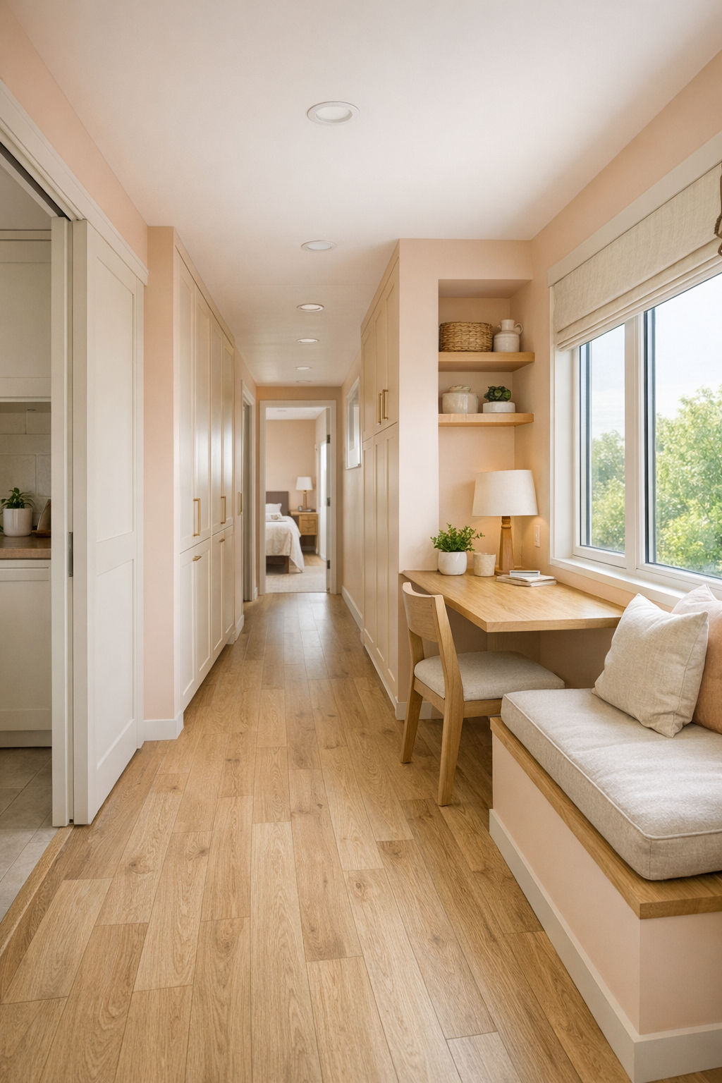 Bright hallway and multipurpose nook with built-in storage in accessible container home