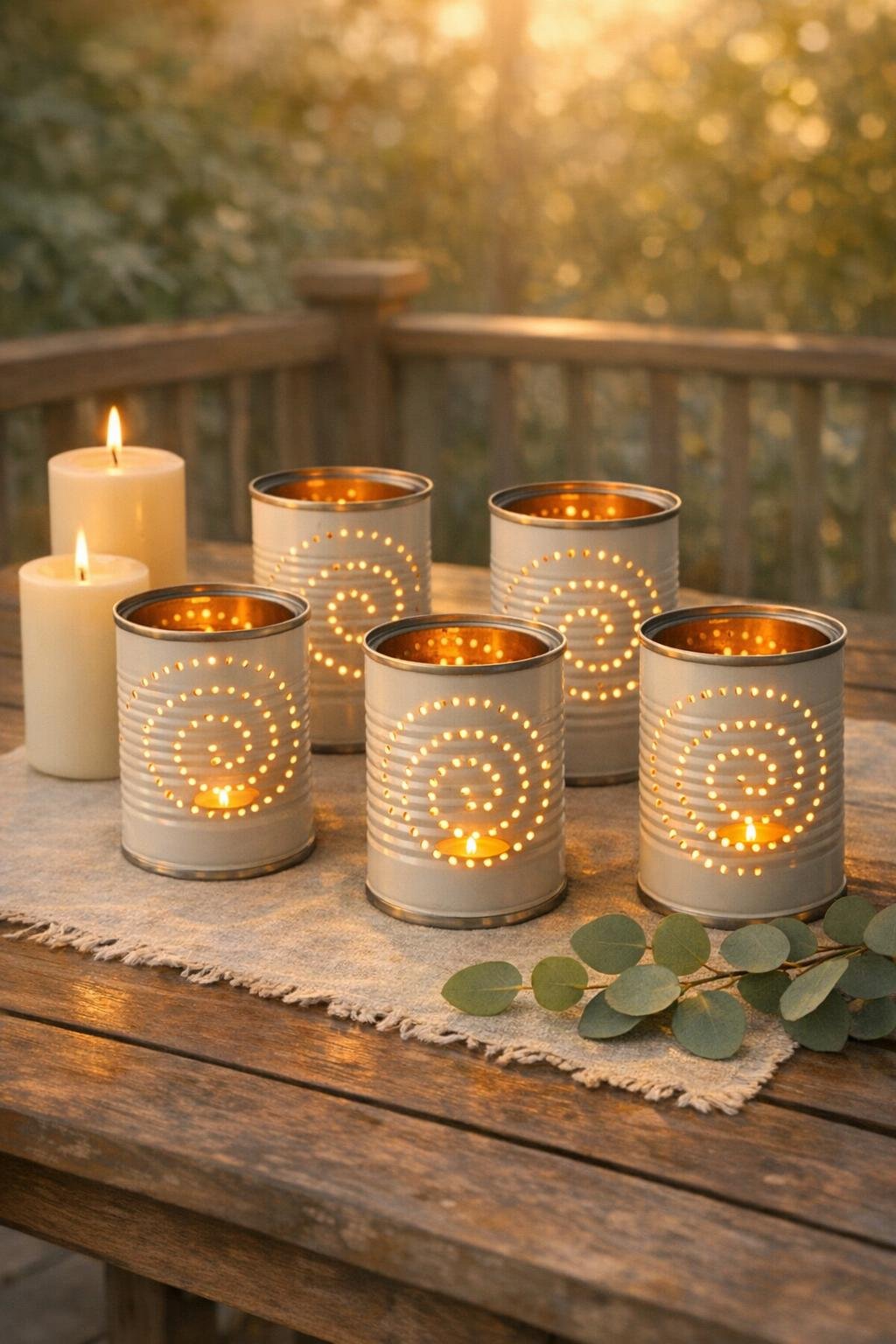 Finished spiral punched soup can candle sleeves glowing on a porch table