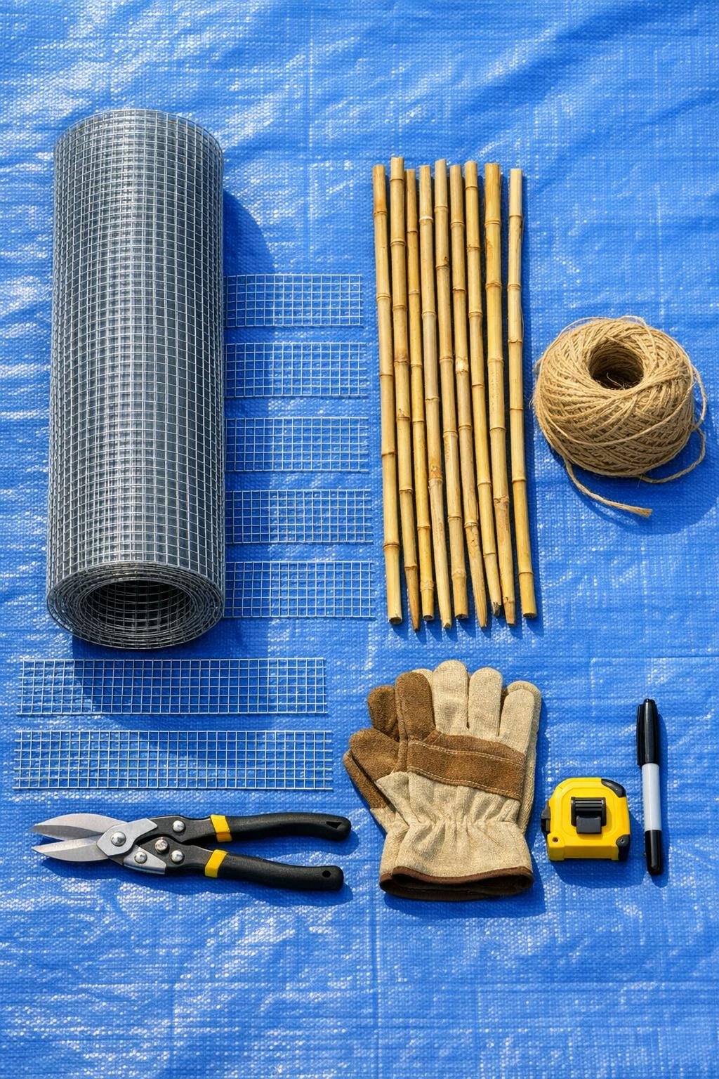 Garden windbreak materials laid out together