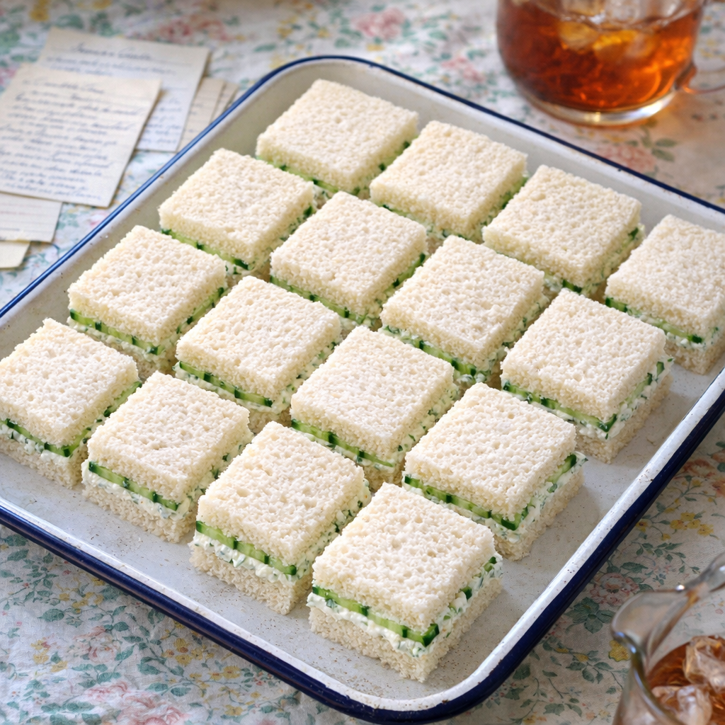 Tray of cucumber sandwiches on a vintage potluck table