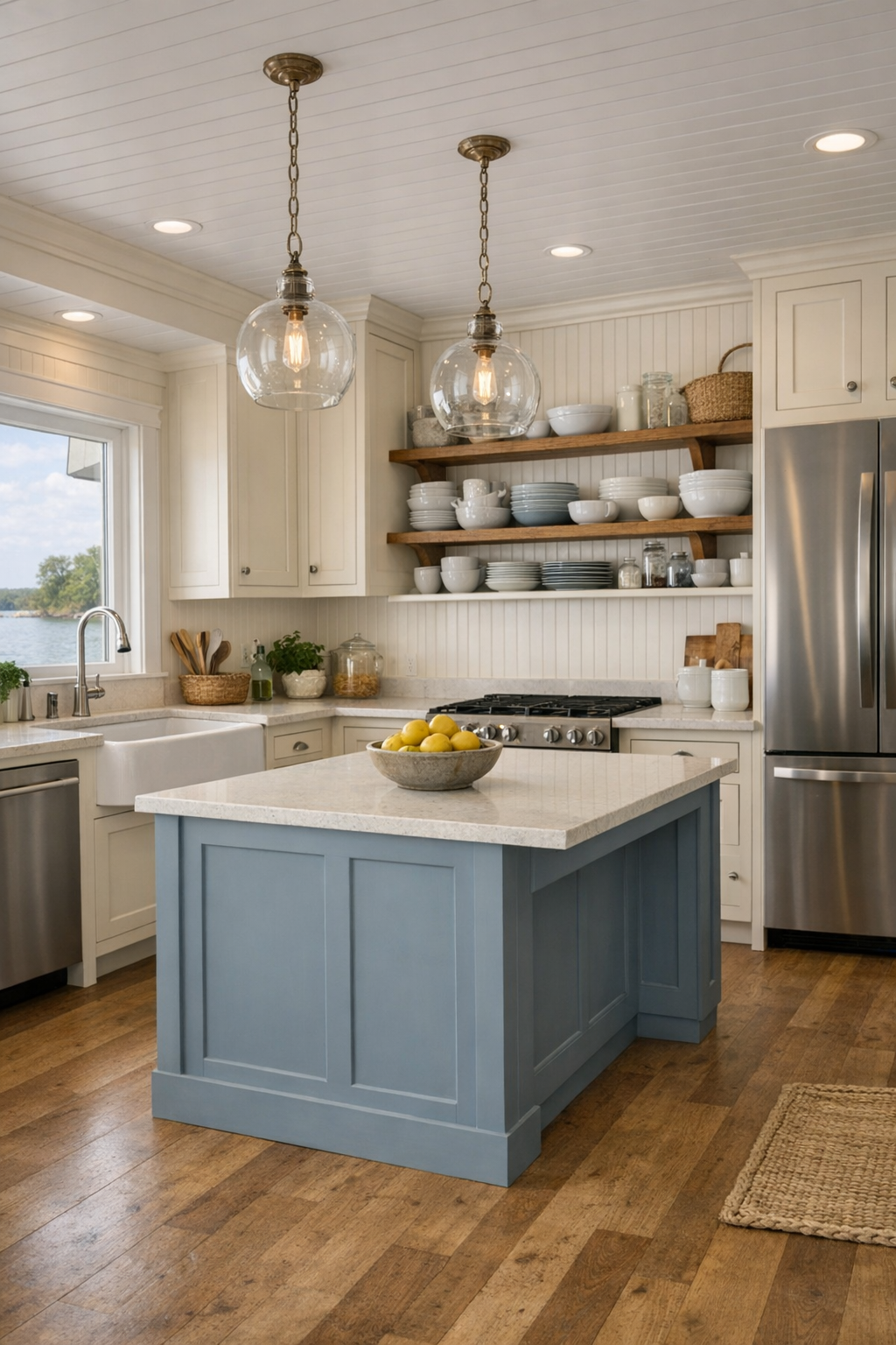 Accessible colonial houseboat kitchen with cream cabinetry, blue-gray island, and farmhouse sink