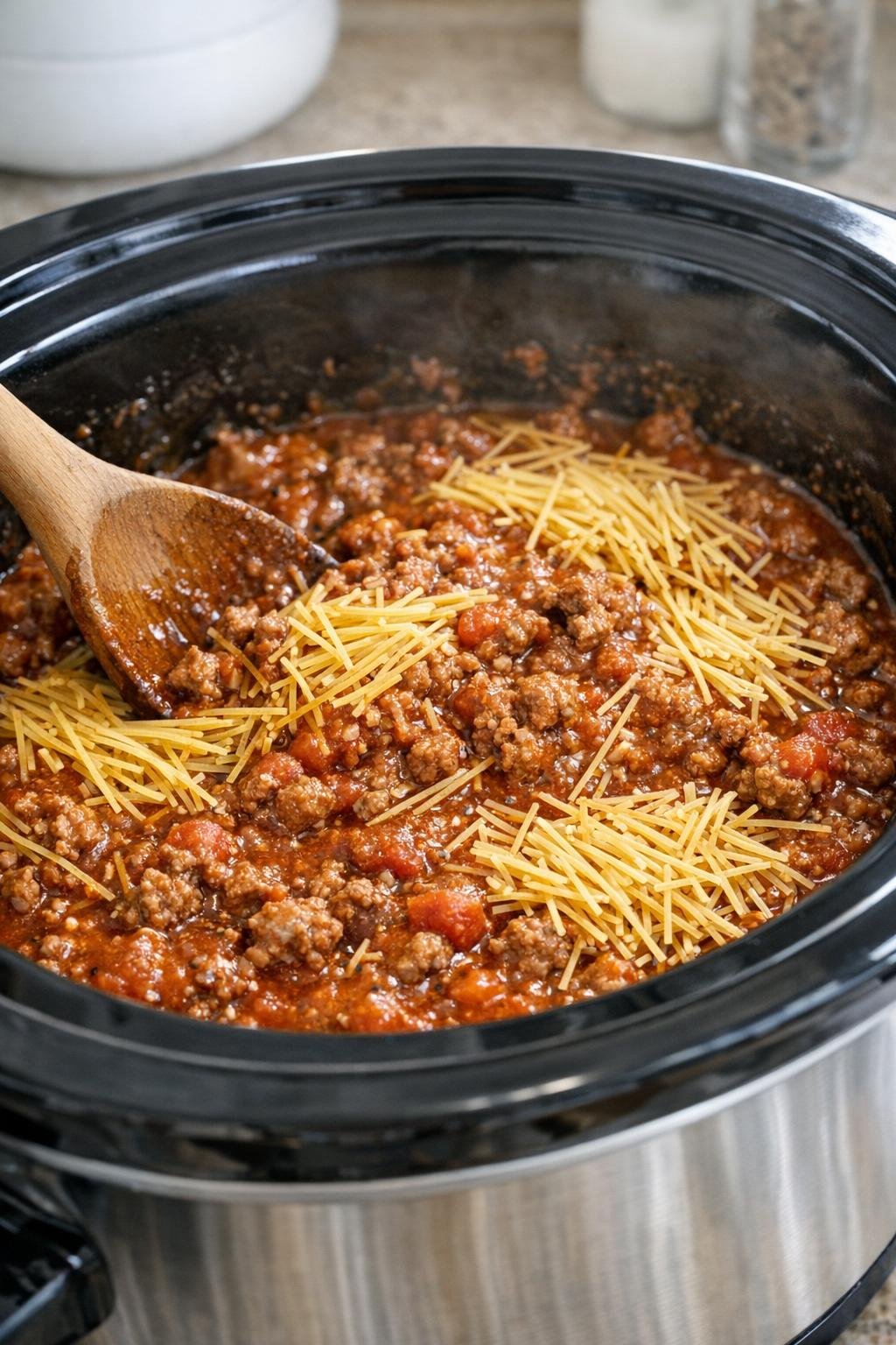 Gebroken engelhaar door de saus geroerd
