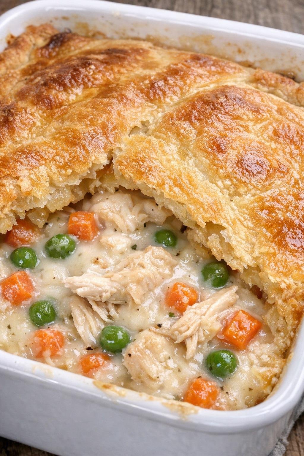4-ingredient chicken pot pie in a white ceramic baking dish