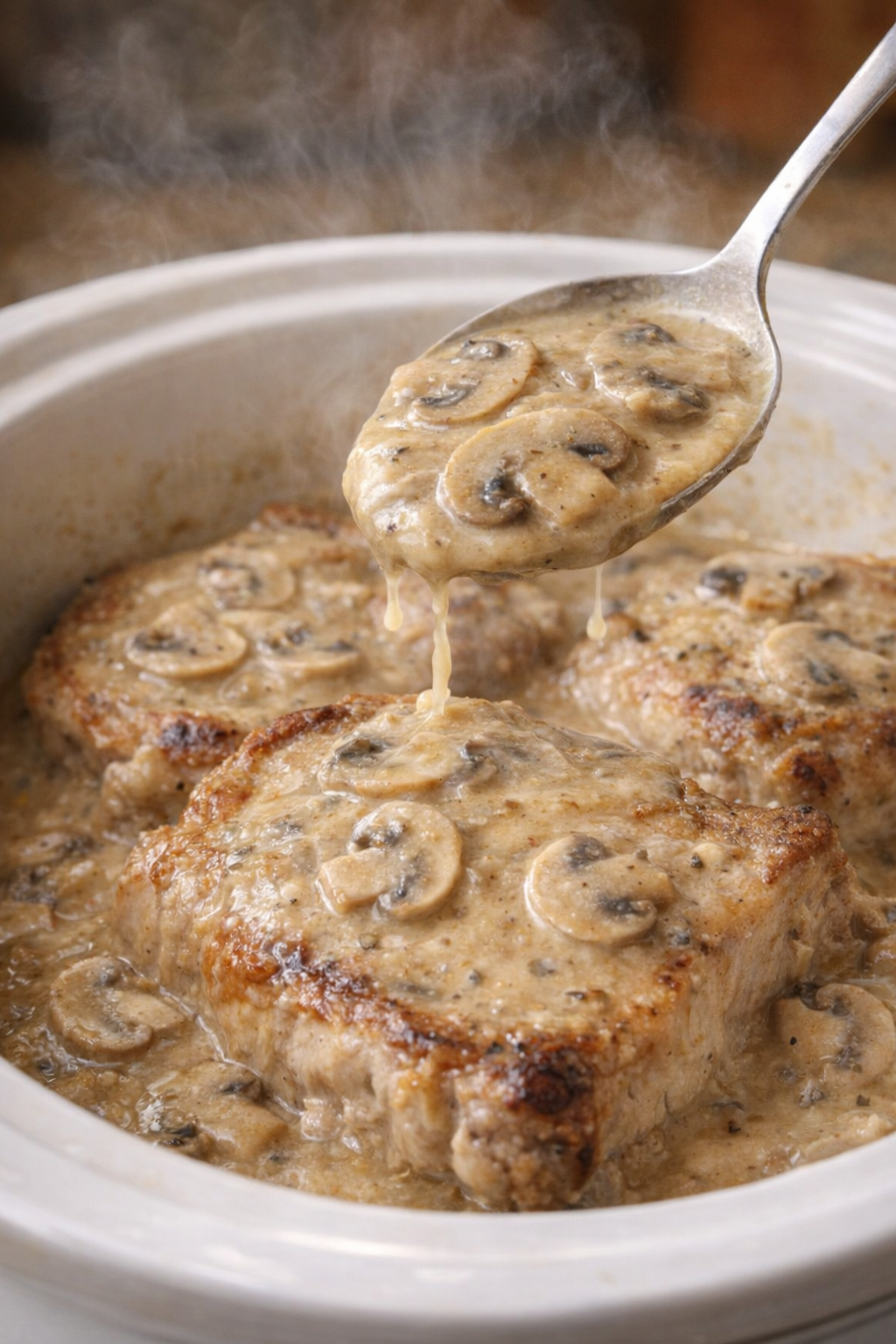 Cooked pork chops in slow cooker with spooned gravy