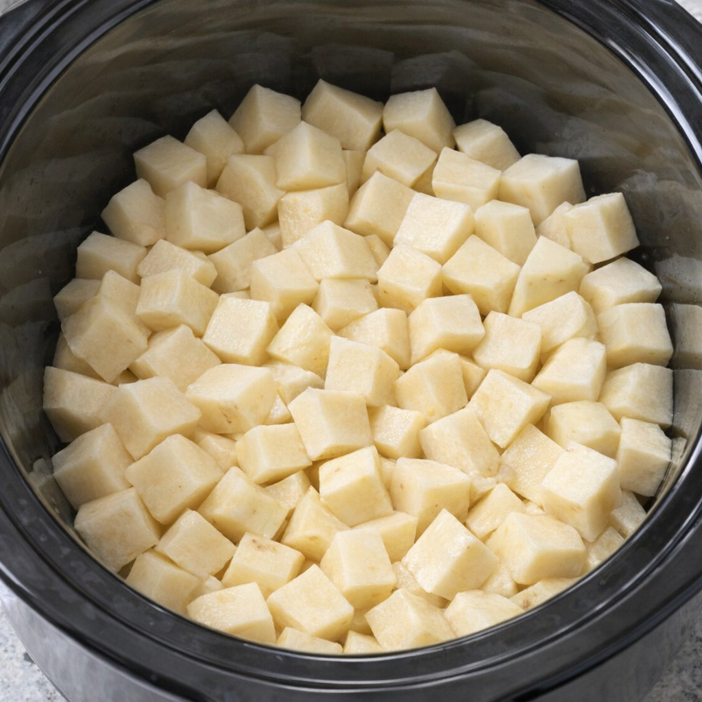 Cubed potatoes layered in a slow cooker